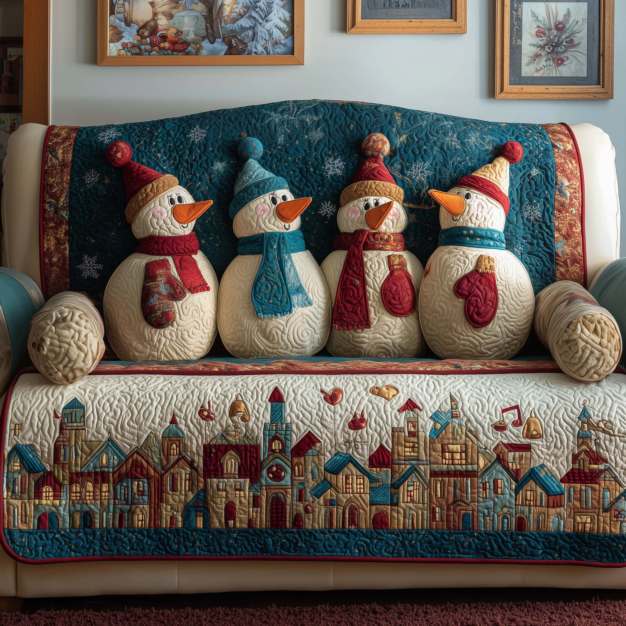 Village Snowmen Quilted Sofa Cover Christmas Home Couch Cover Cute Room Decor Finds - Tradiviet