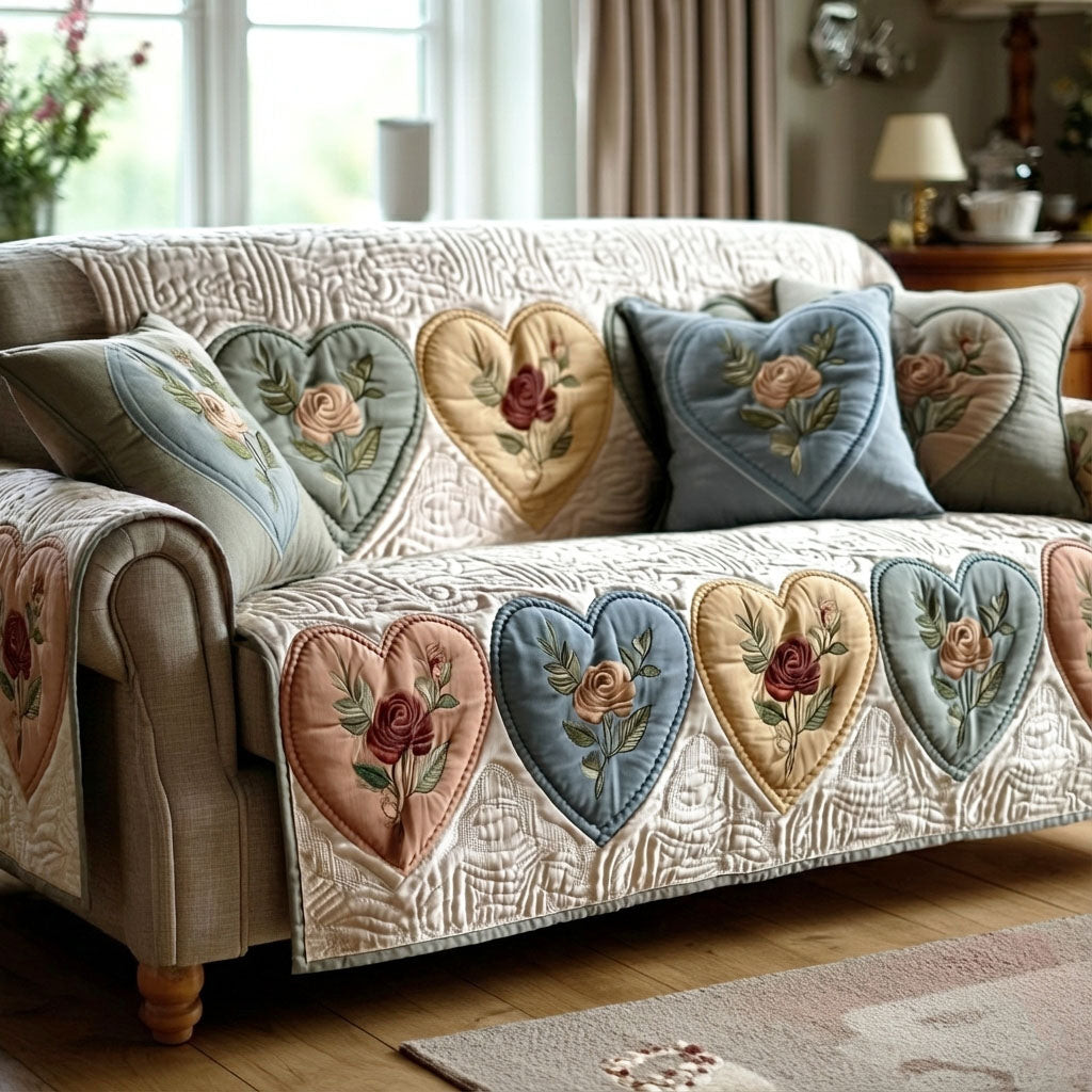 Vintage Bloom Hearts Quilted Sofa Cover Large Couch Cover Best Valentine Day Gifts For Women - Tradiviet
