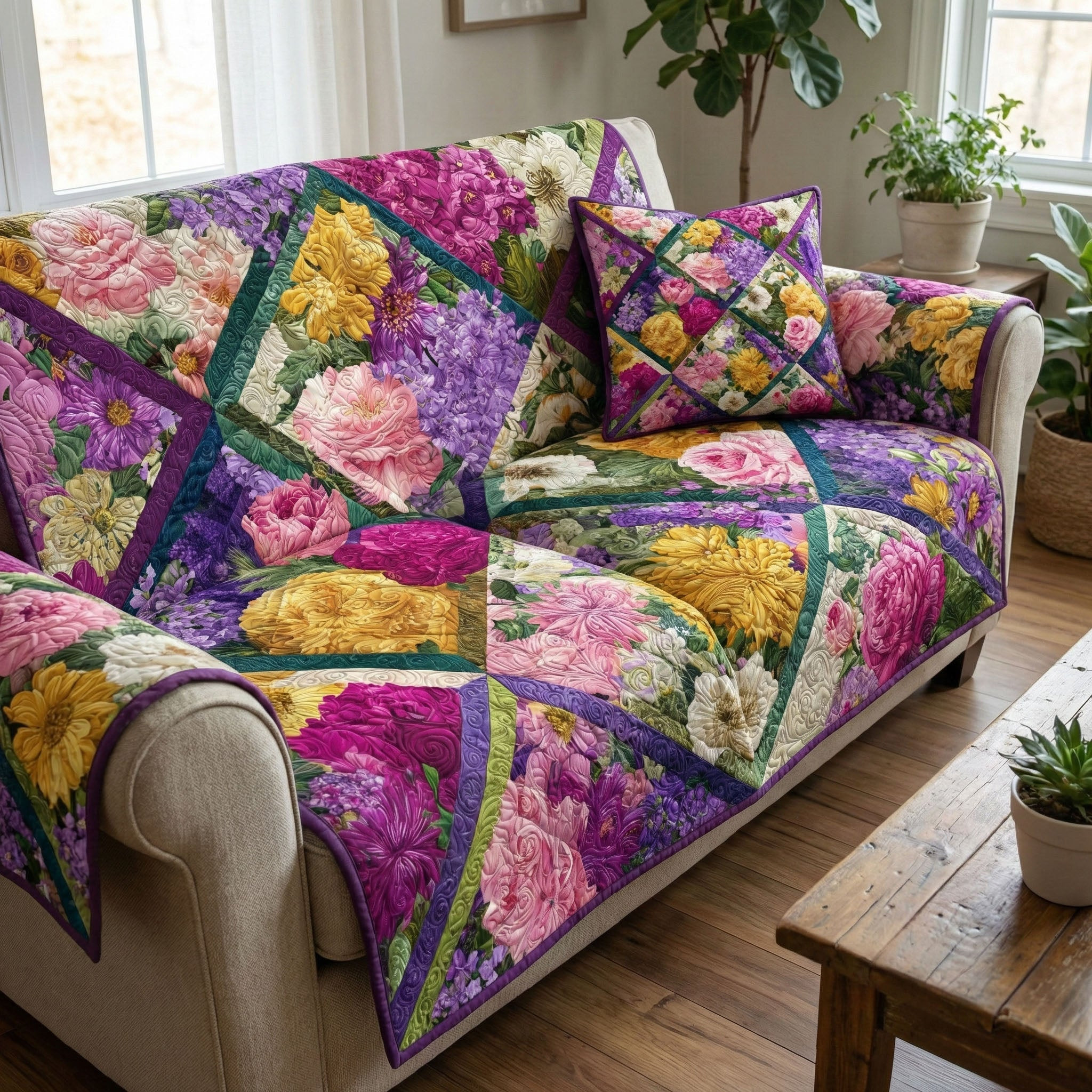 Vintage Blossom Quilted Sofa Cover Sofa Couch Cover Awesome Mother's Day Gifts - Tradiviet