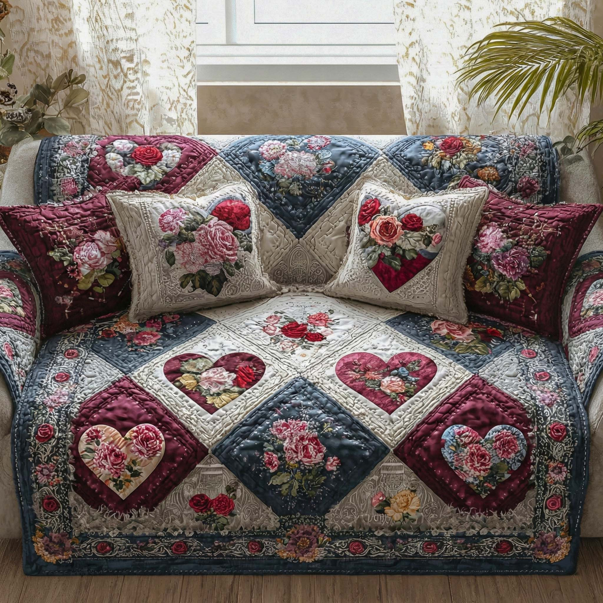 Vintage Blueberry Heart Quilted Sofa Cover Sofa Protector Cover Valentine Day Ideas For Wife - Tradiviet