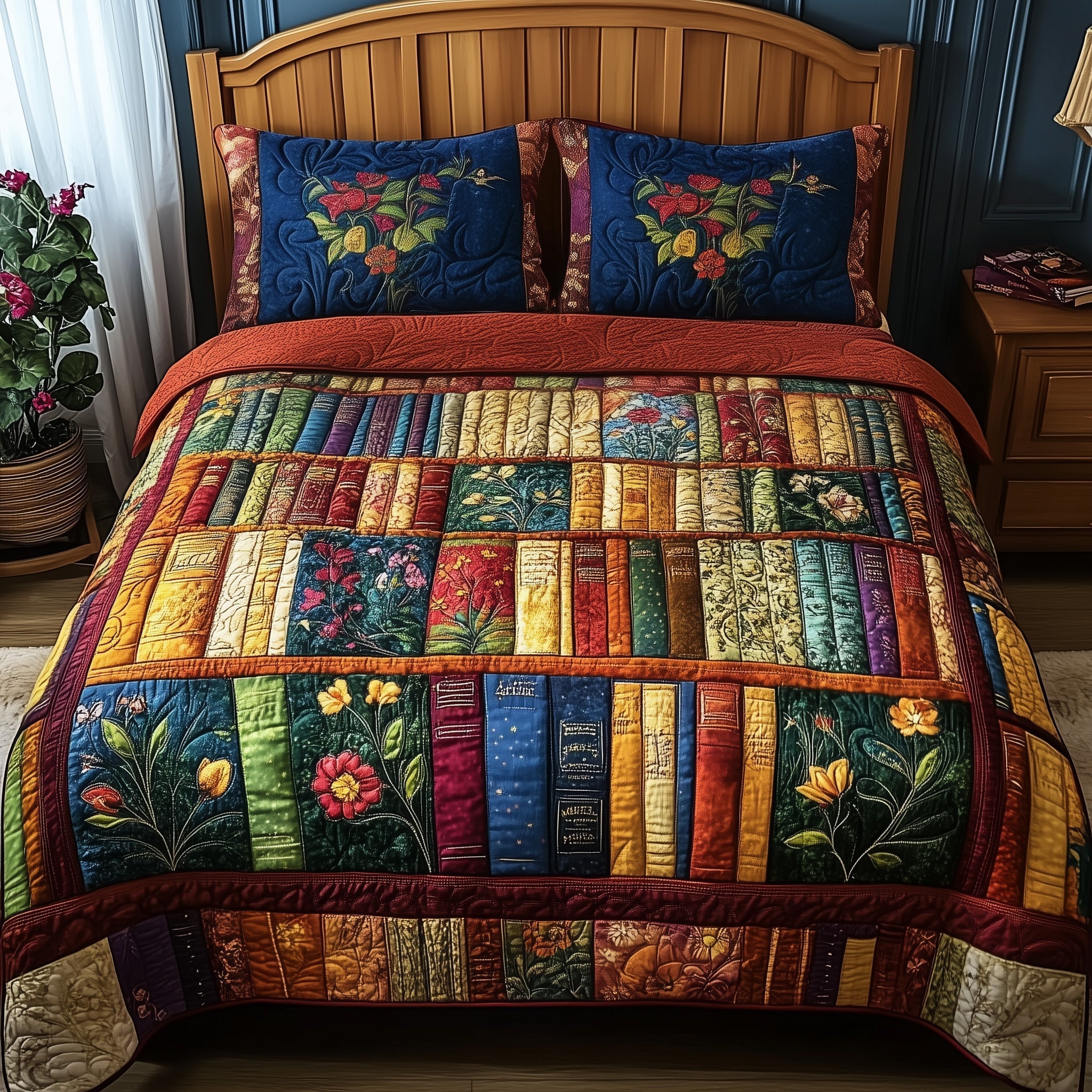 Vintage Bookshelf Quilted Bedding Set Vintage Bookshelf Craft Gift For Vintage Bookshelf - Tradiviet