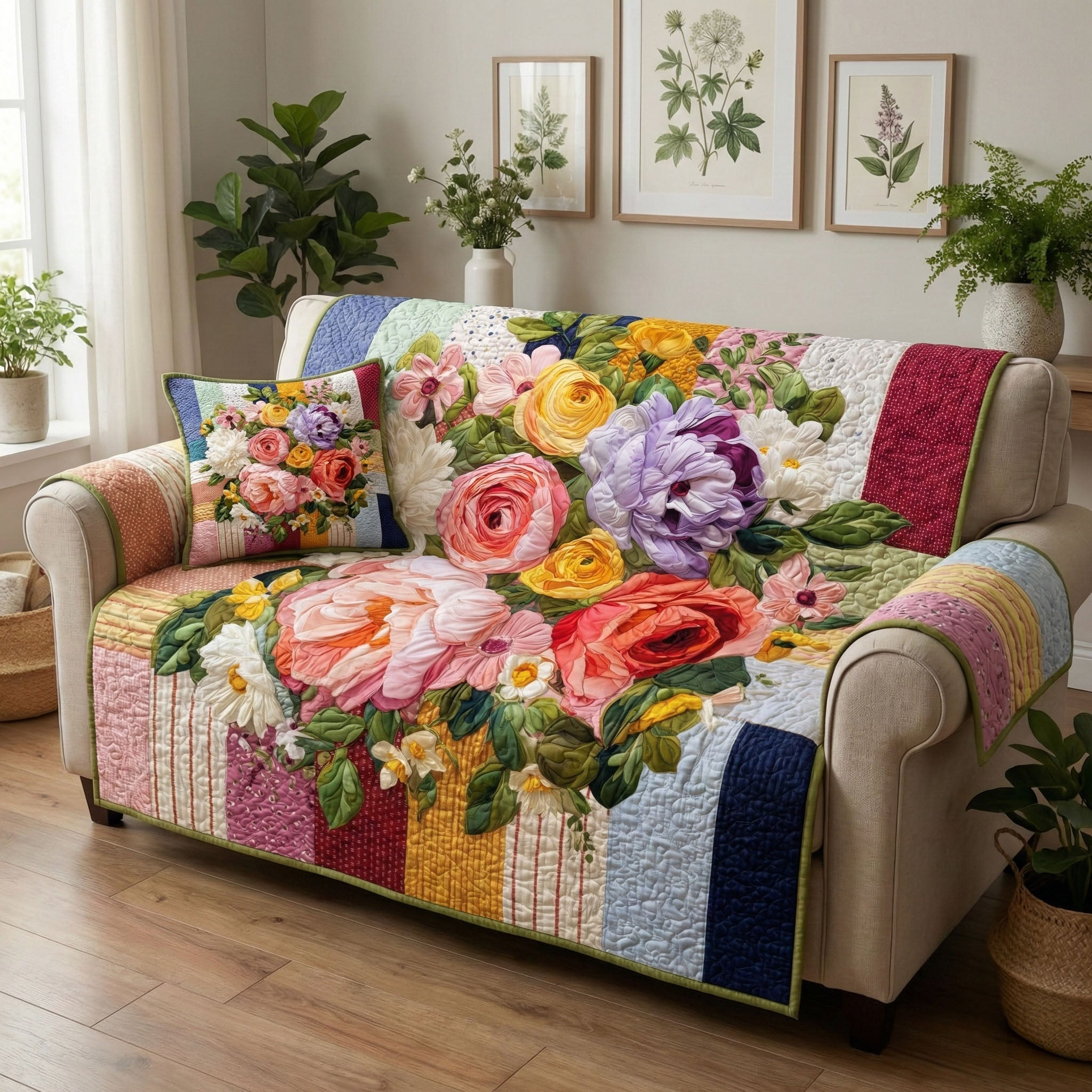Vintage Bouquet Quilted Sofa Cover Furniture Covers For Sofas Online Mother' Day Gifts - Tradiviet