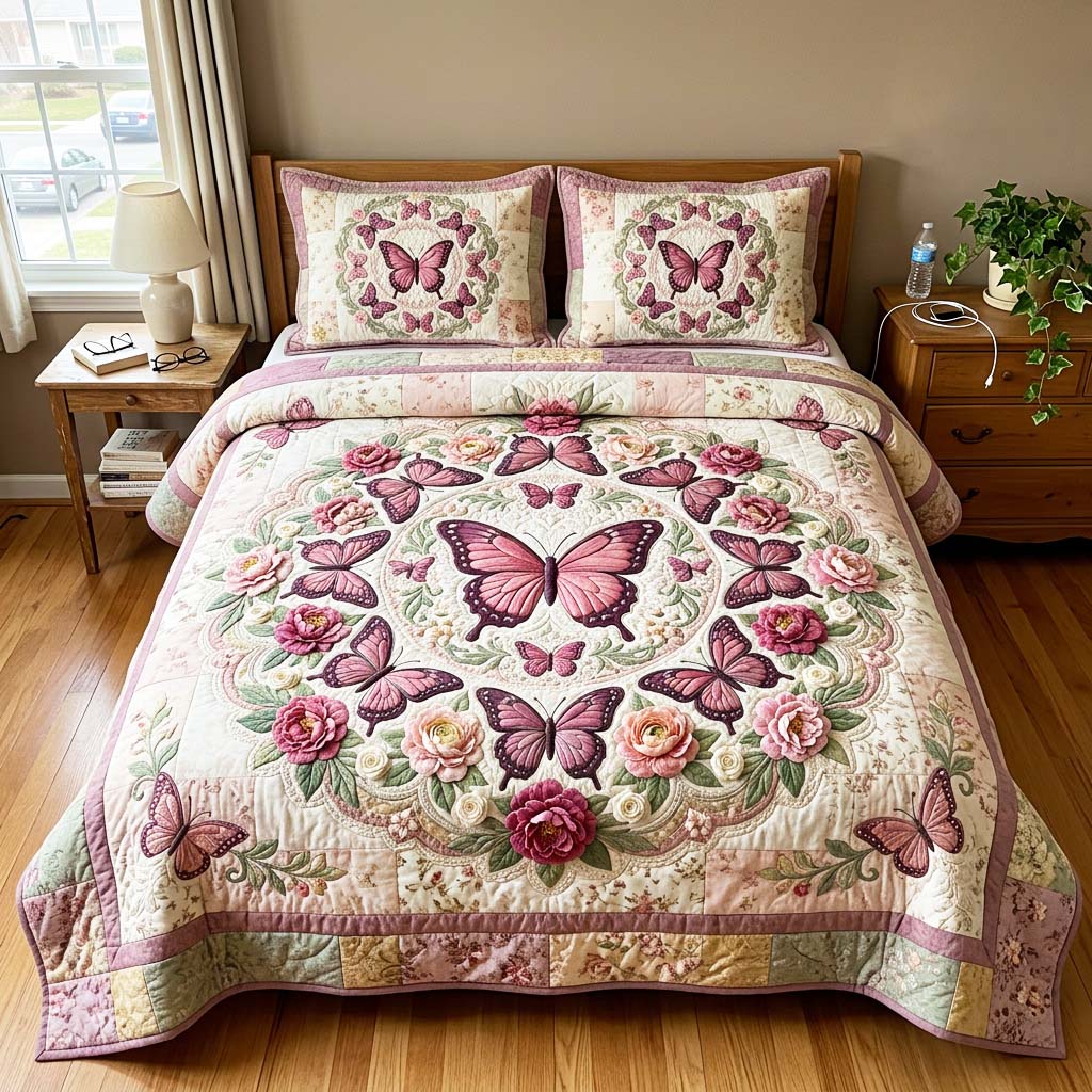 Vintage Butterfly Quilted Bedding Set Vintage Butterfly Haven Gift For Vintage Butterfly - Tradiviet
