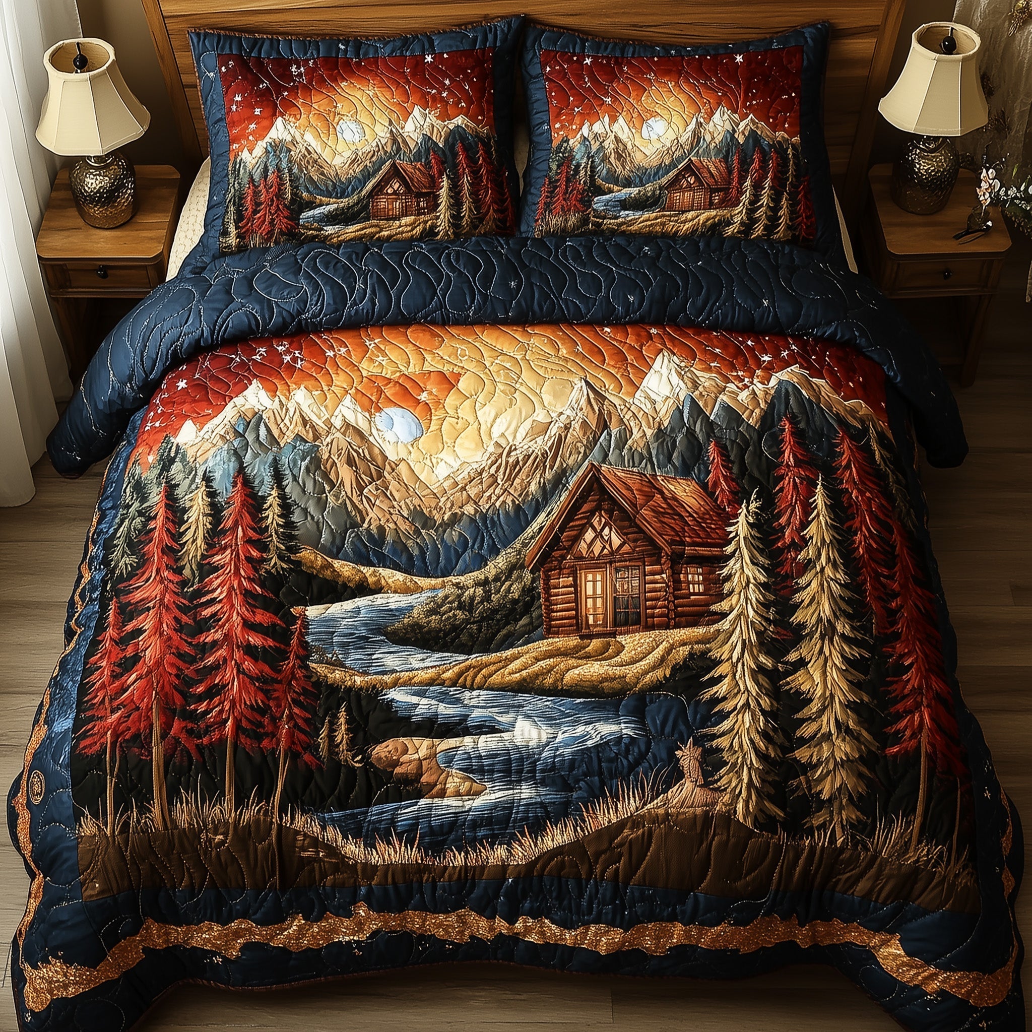 Vintage Cabin Quilted Bedding Set Vintage Cabin Elegant Gift For Cabin Dad - Tradiviet