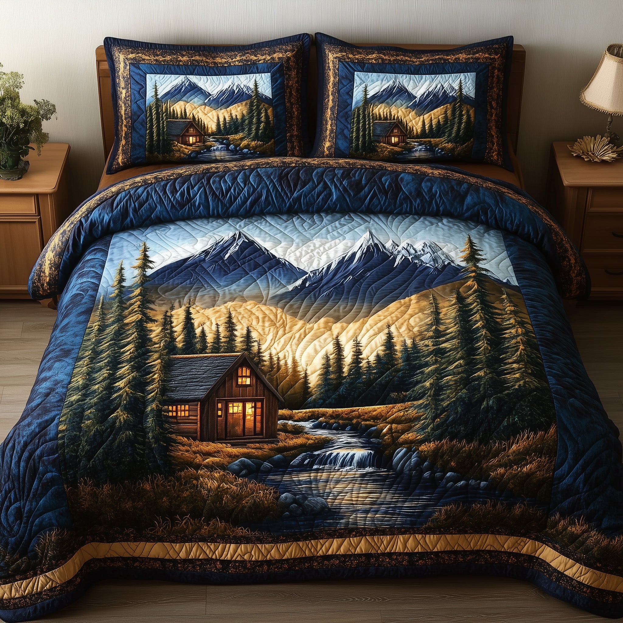 Vintage Cabin Quilted Bedding Set Vintage Cabin Houseware Gift For Cabin Friends - Tradiviet