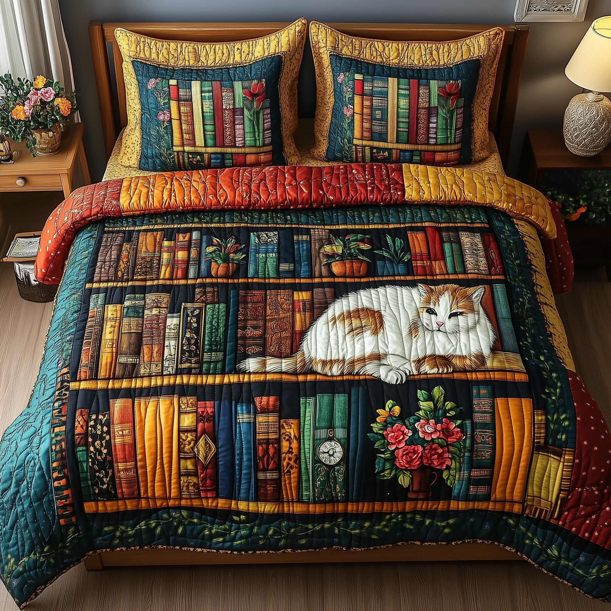 Vintage Cat Bookshelf Quilted Bedding Set Vintage Cat Artwork Gift For Cat Family - Tradiviet