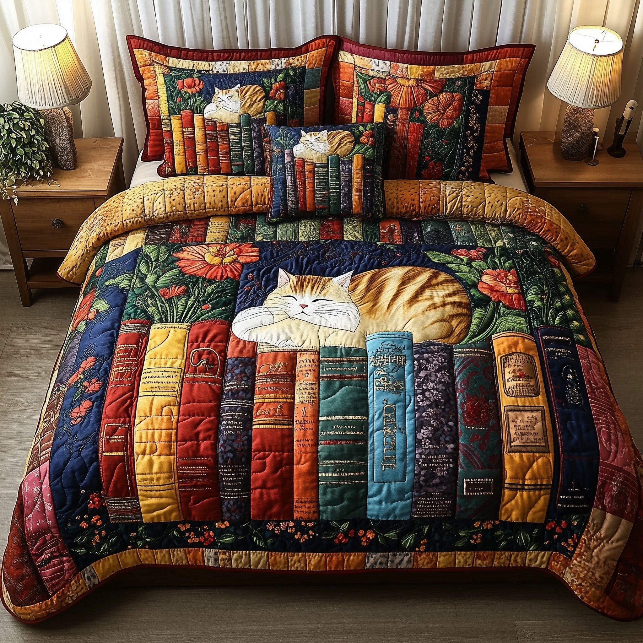 Vintage Cat Bookshelf Quilted Bedding Set Vintage Cat Bedscape Gift For Vintage - Tradiviet
