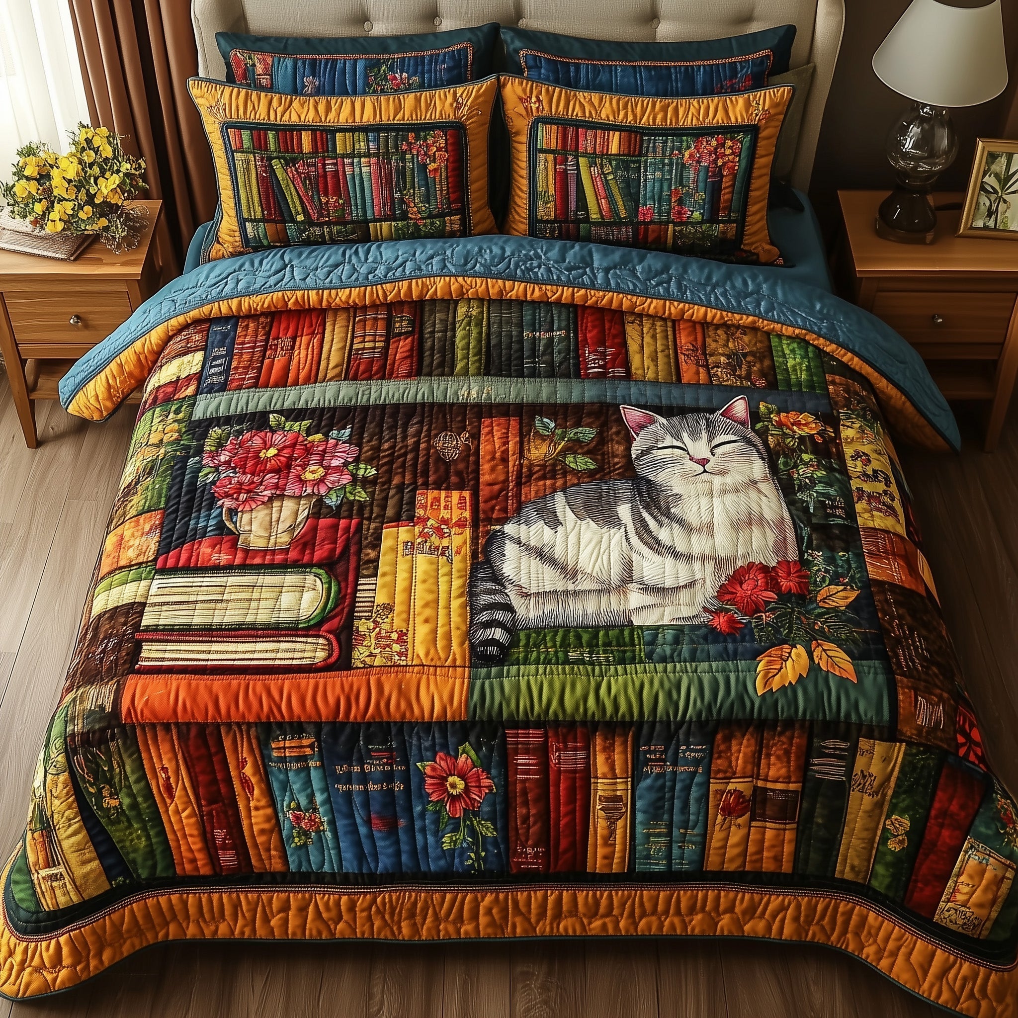 Vintage Cat Bookshelf Quilted Bedding Set Vintage Cat Bohemian Gift For Cat Lovers - Tradiviet