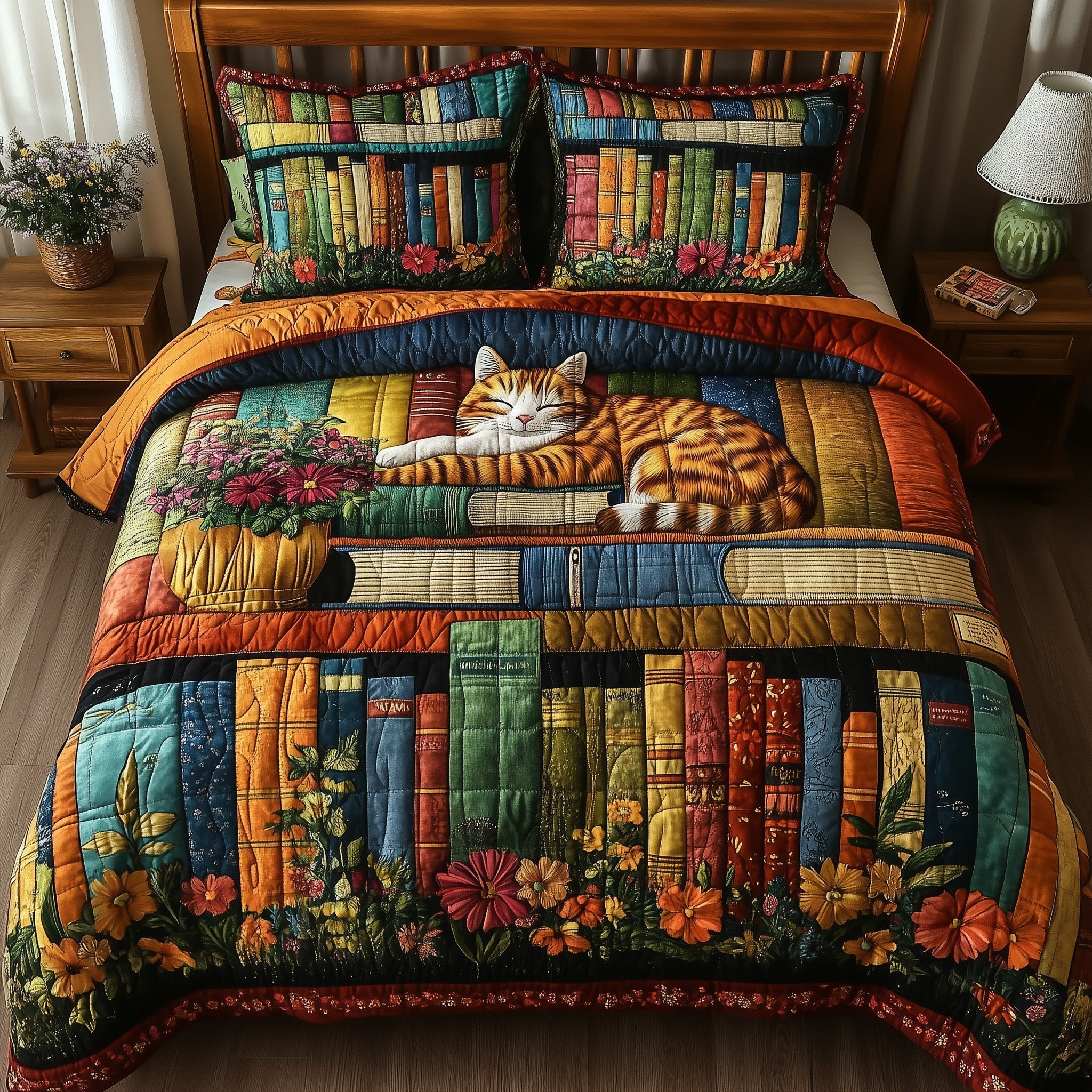 Vintage Cat Bookshelf Quilted Bedding Set Vintage Cat Bright Gift For Bookshelf Lovers - Tradiviet