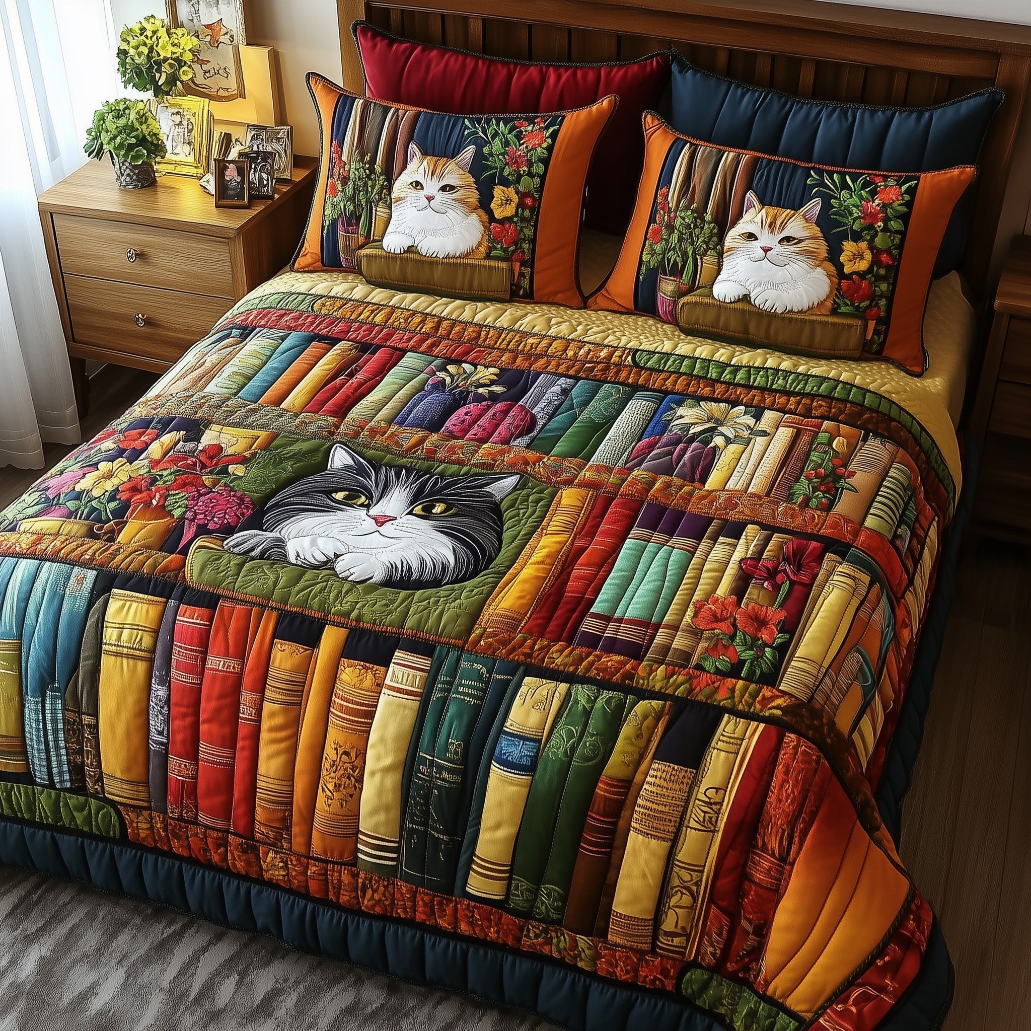 Vintage Cat Bookshelf Quilted Bedding Set Vintage Cat Celebration Gift For Cat Bookshelf - Tradiviet