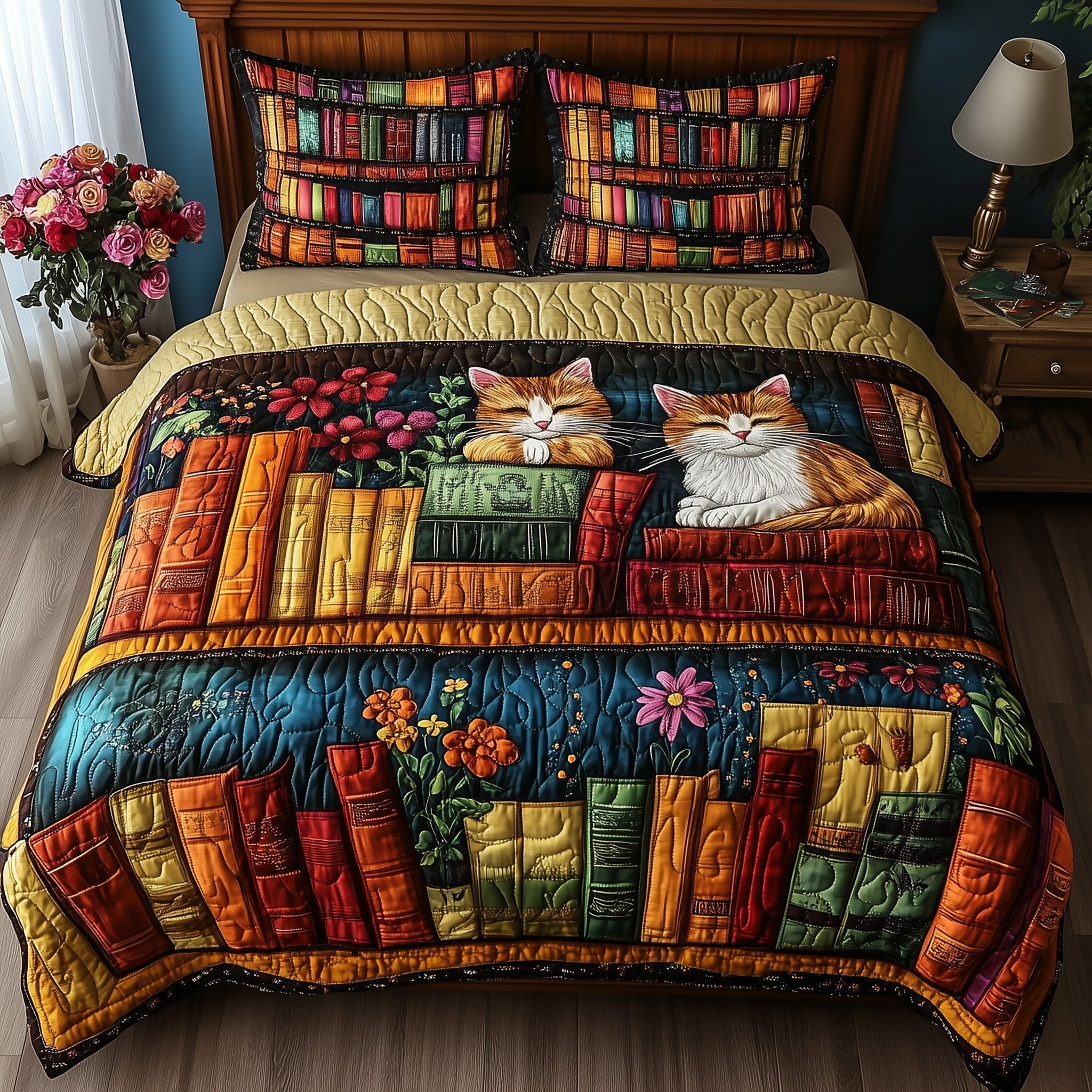 Vintage Cat Bookshelf Quilted Bedding Set Vintage Cat Essence Gift For Bookshelf Friends - Tradiviet