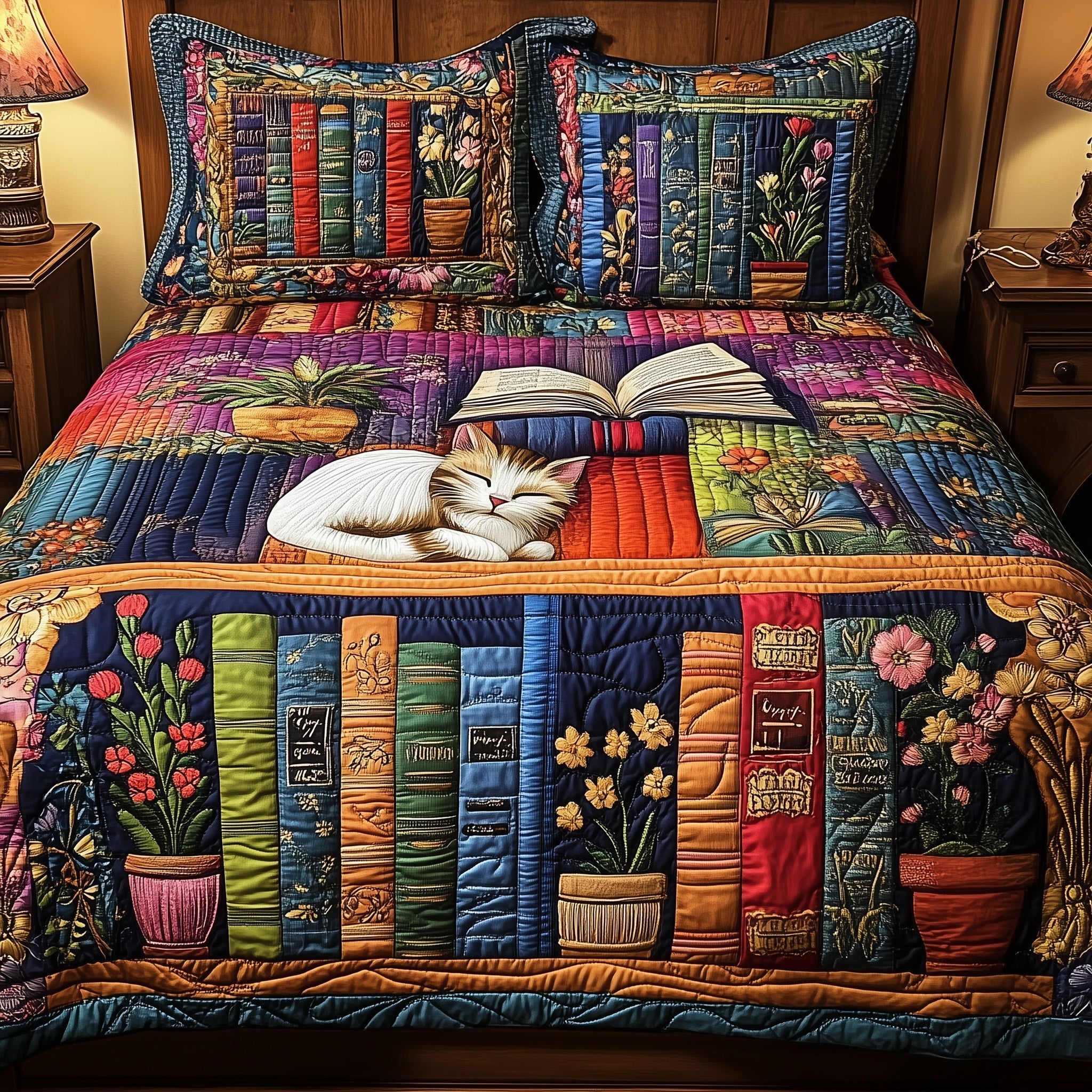 Vintage Cat Bookshelf Quilted Bedding Set Vintage Cat Forest Gift For Vintage Lovers - Tradiviet