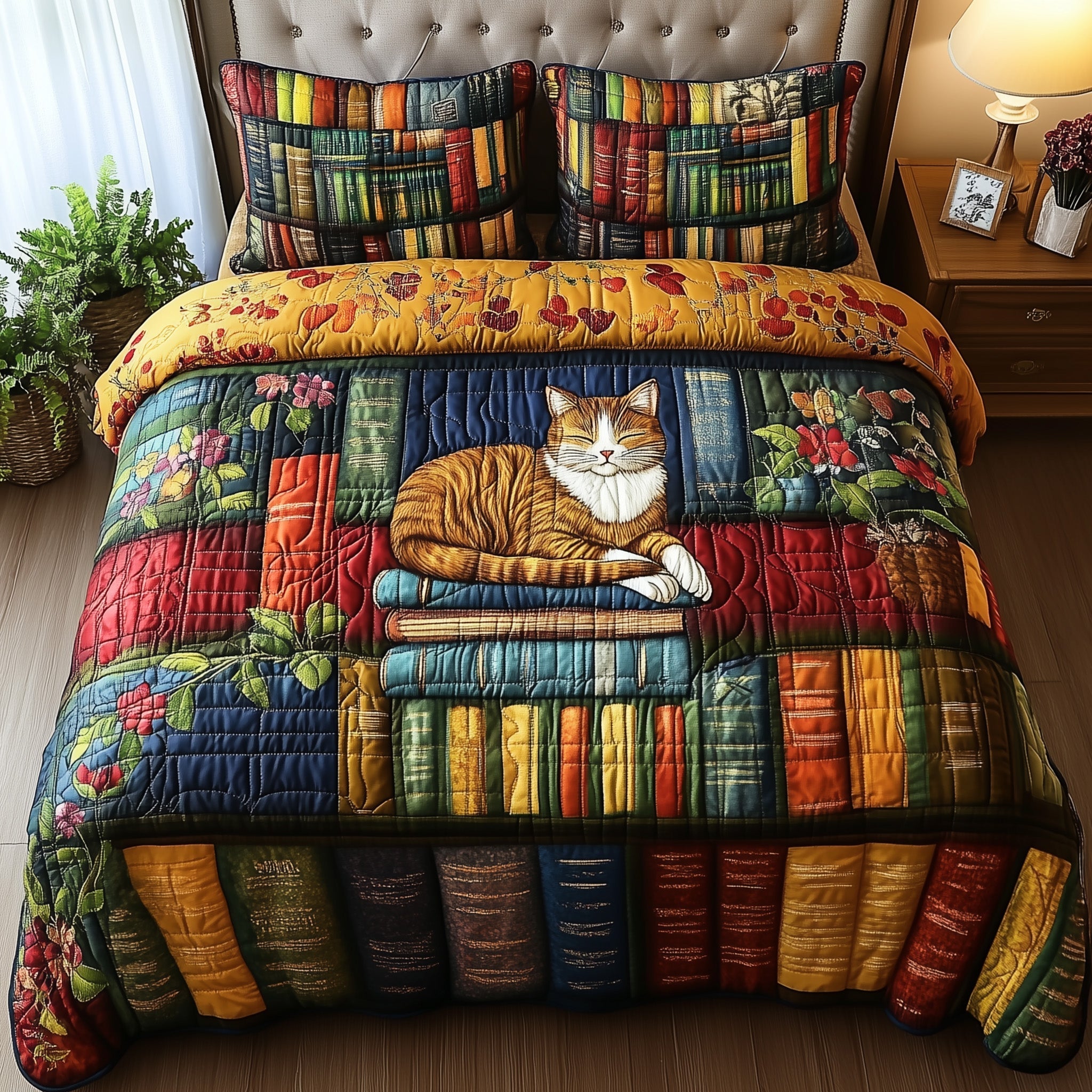 Vintage Cat Bookshelf Quilted Bedding Set Vintage Cat Keepsake Gift For Bookshelf Fans - Tradiviet