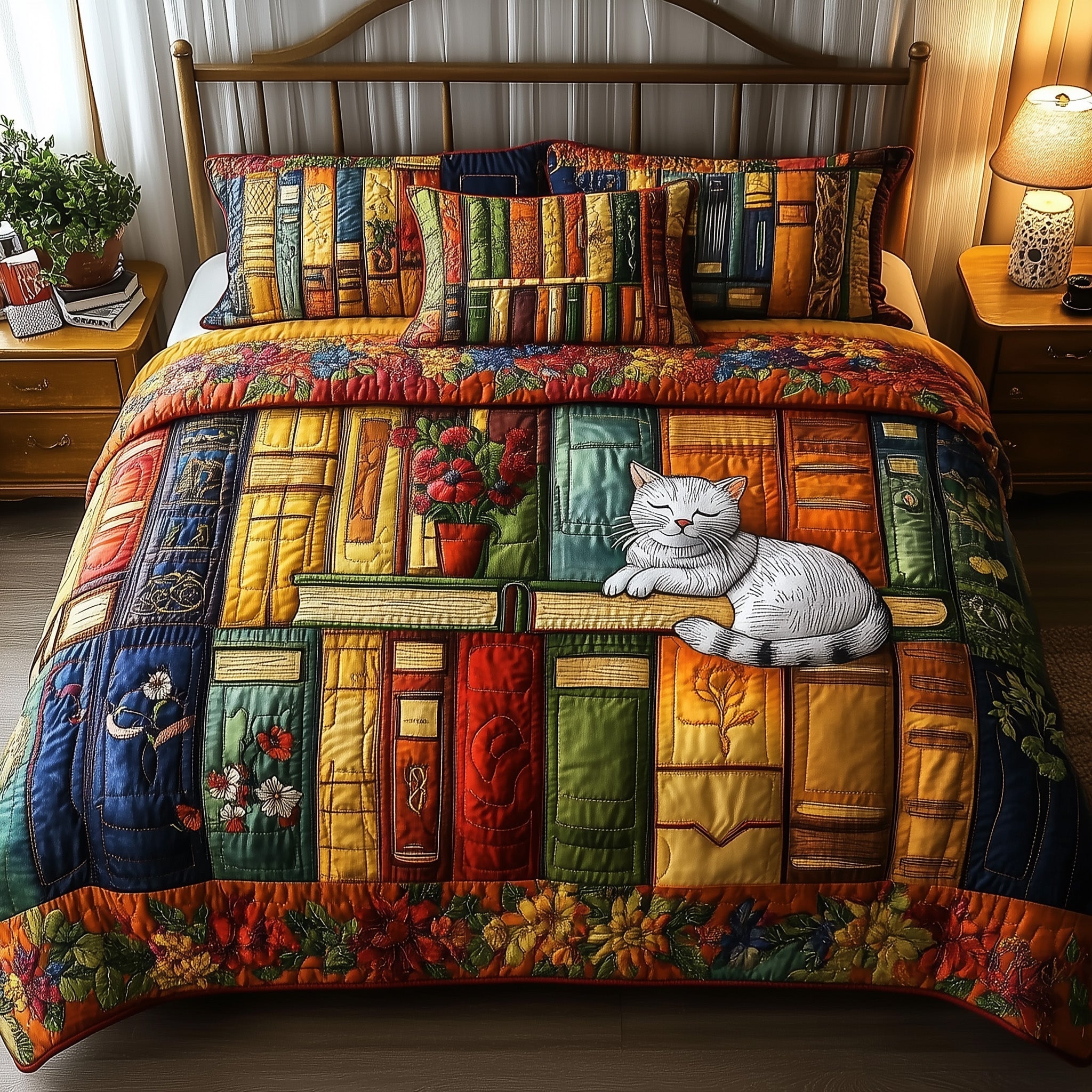 Vintage Cat Bookshelf Quilted Bedding Set Vintage Cat Layer Gift For Bookshelf Family - Tradiviet