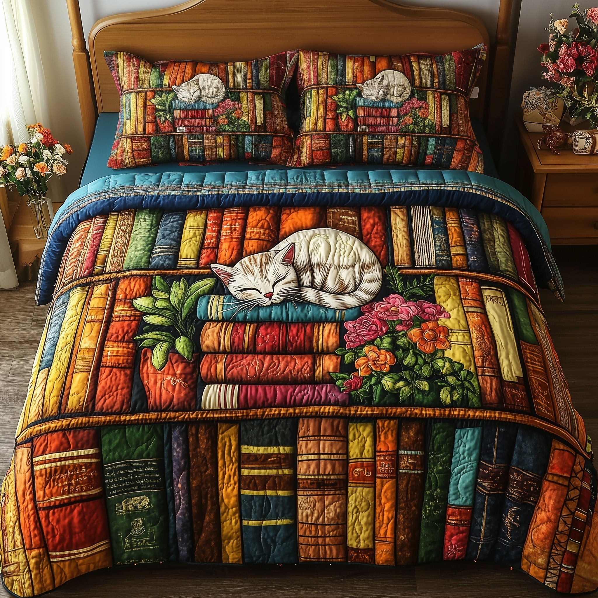 Vintage Cat Bookshelf Quilted Bedding Set Vintage Cat Meadow Gift For Vintage Fans - Tradiviet