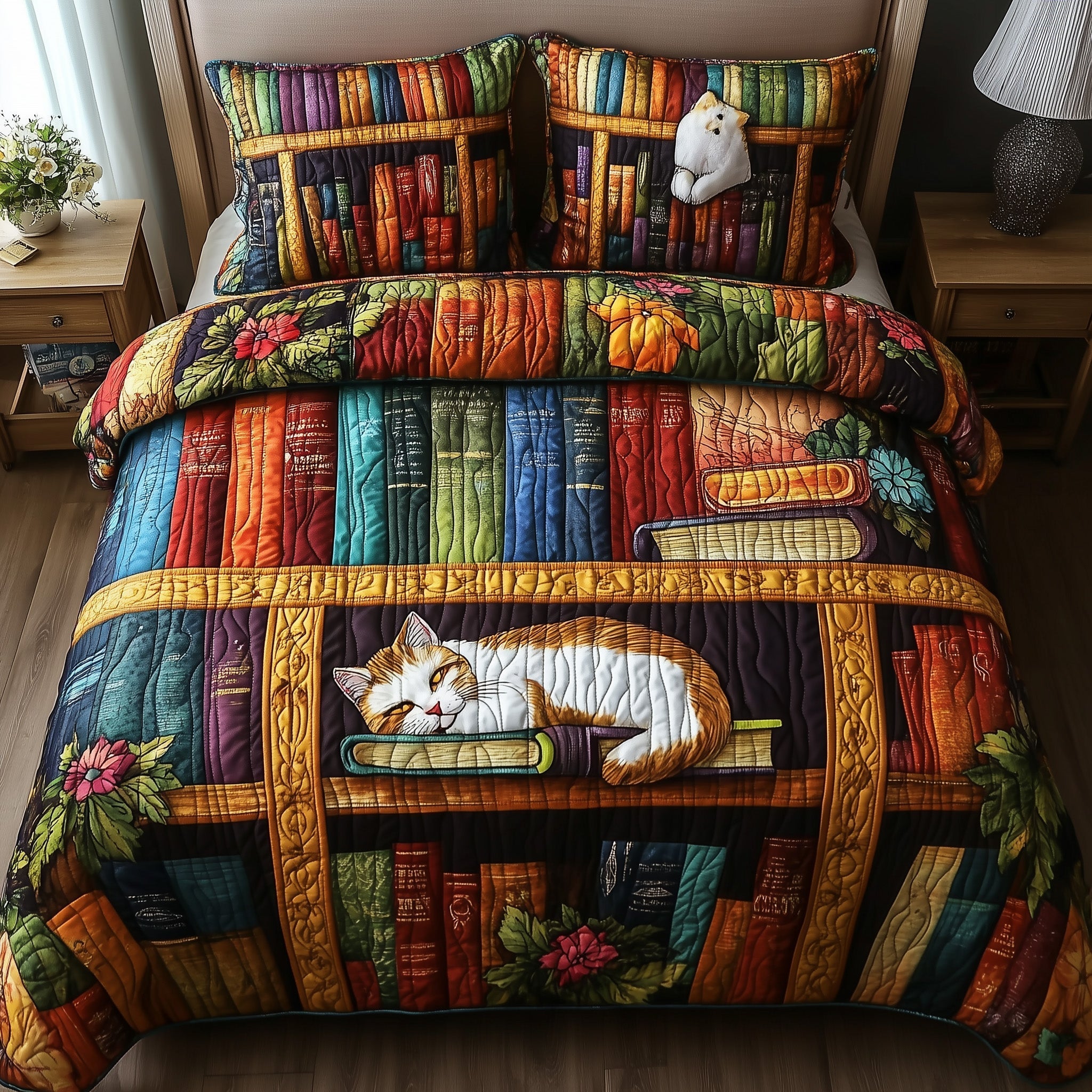 Vintage Cat Bookshelf Quilted Bedding Set Vintage Cat Ocean Gift For Cat Fans - Tradiviet