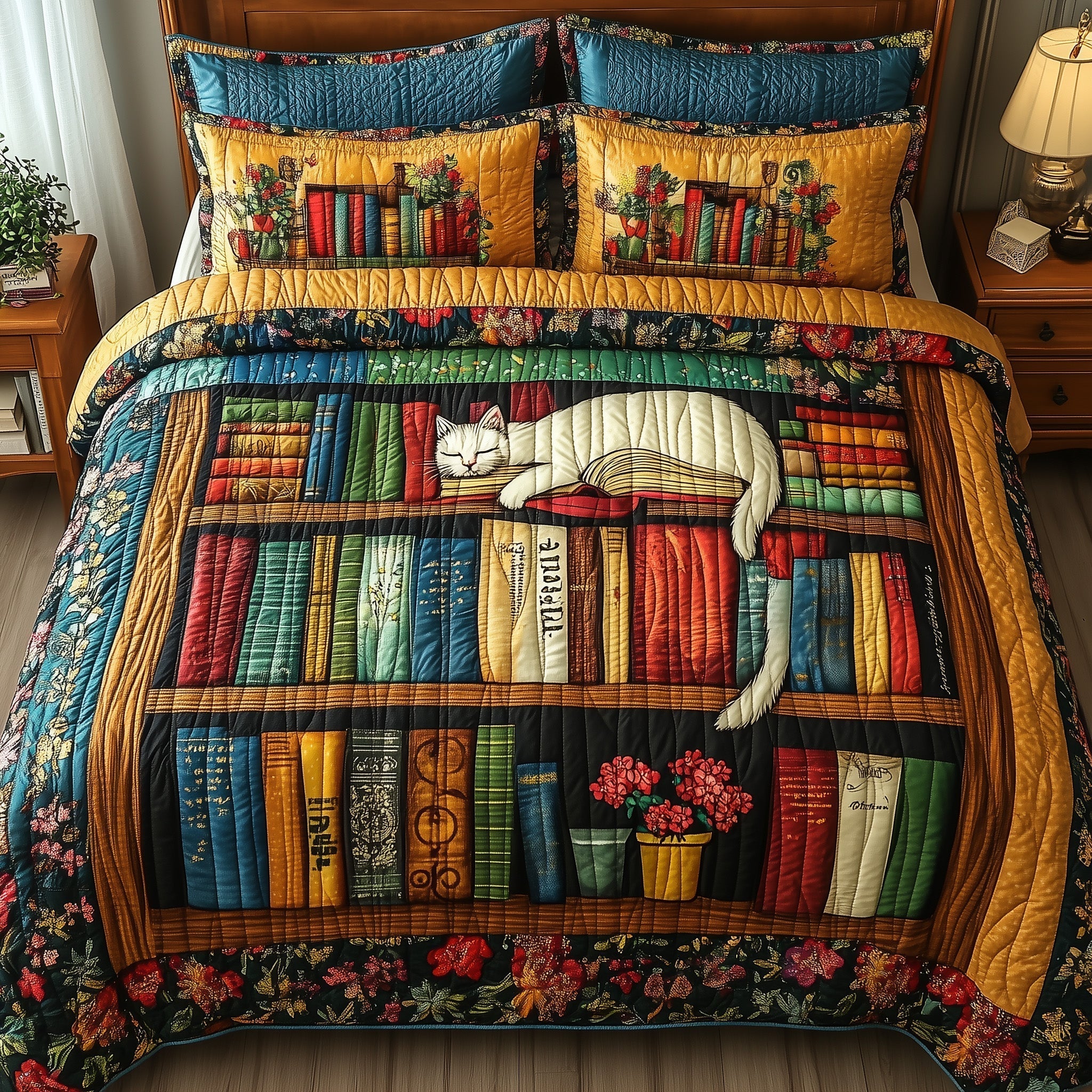 Vintage Cat Bookshelf Quilted Bedding Set Vintage Cat Patch Gift For Vintage Cat - Tradiviet