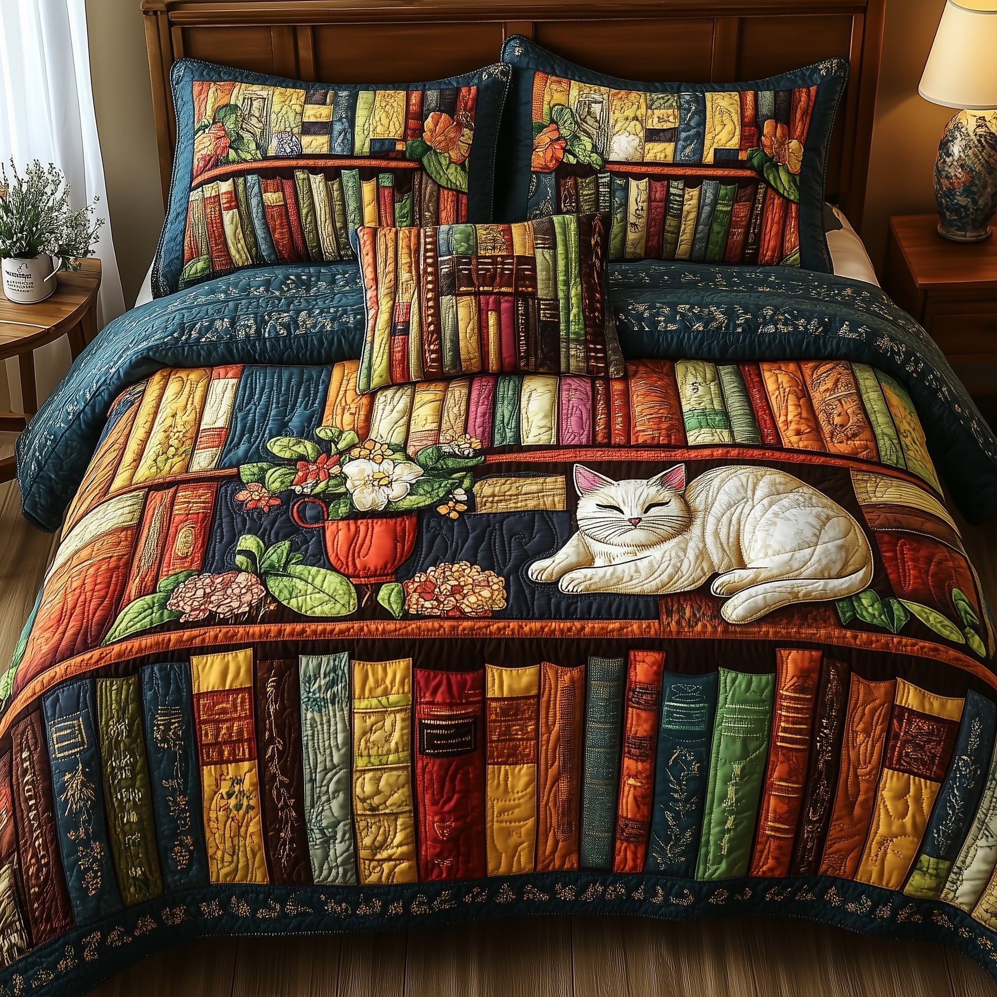 Vintage Cat Bookshelf Quilted Bedding Set Vintage Cat Room Gift For Vintage Family - Tradiviet