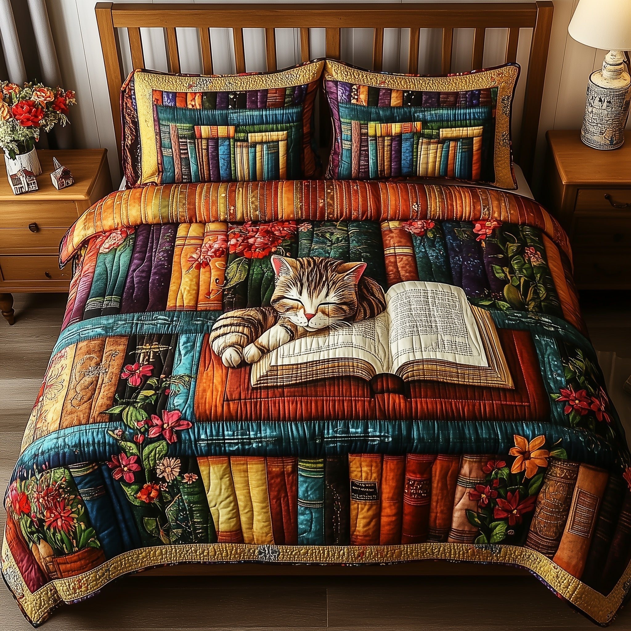 Vintage Cat Bookshelf Quilted Bedding Set Vintage Cat Serenity Gift For Vintage Mom - Tradiviet