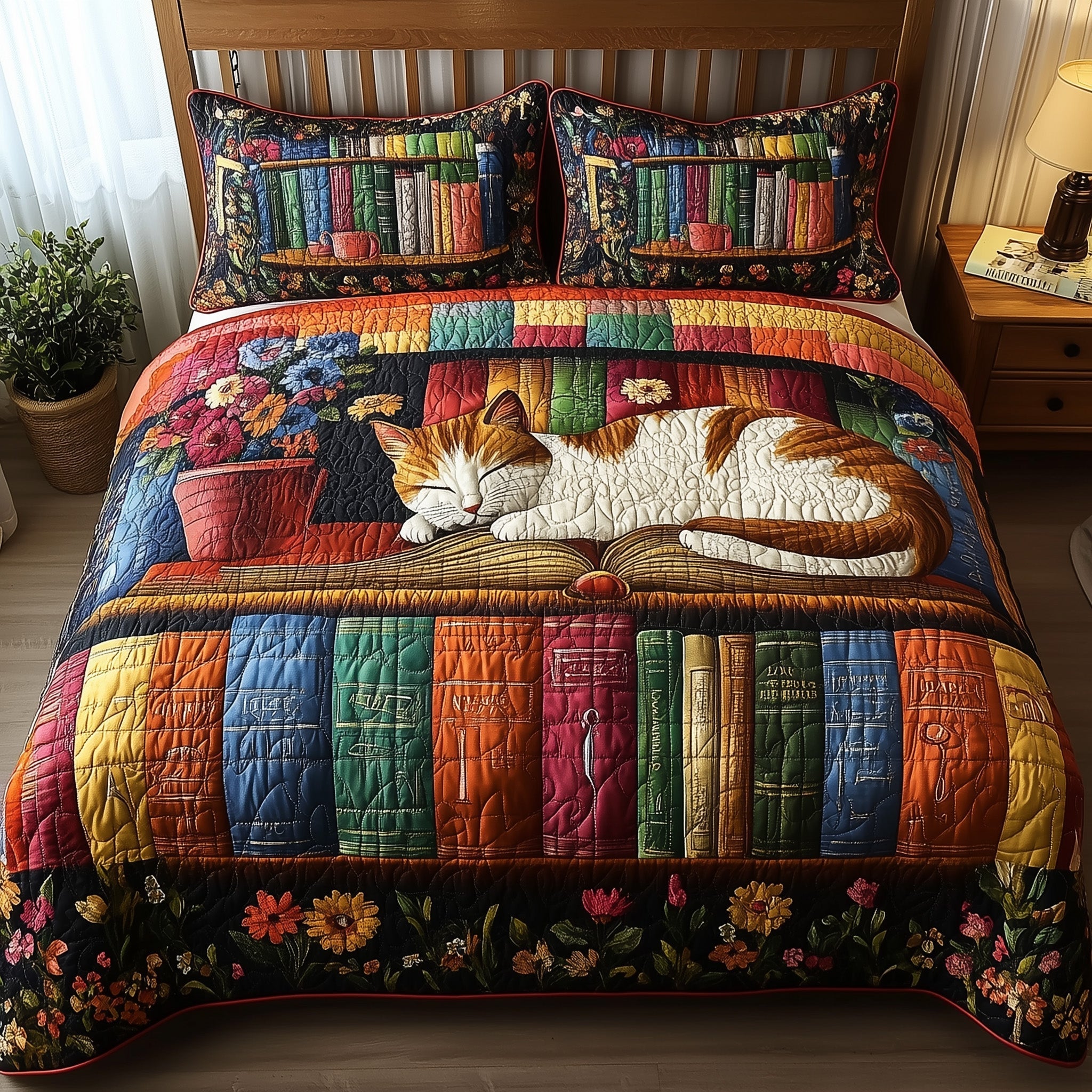 Vintage Cat Bookshelf Quilted Bedding Set Vintage Cat Setting Gift For Cat Friends - Tradiviet