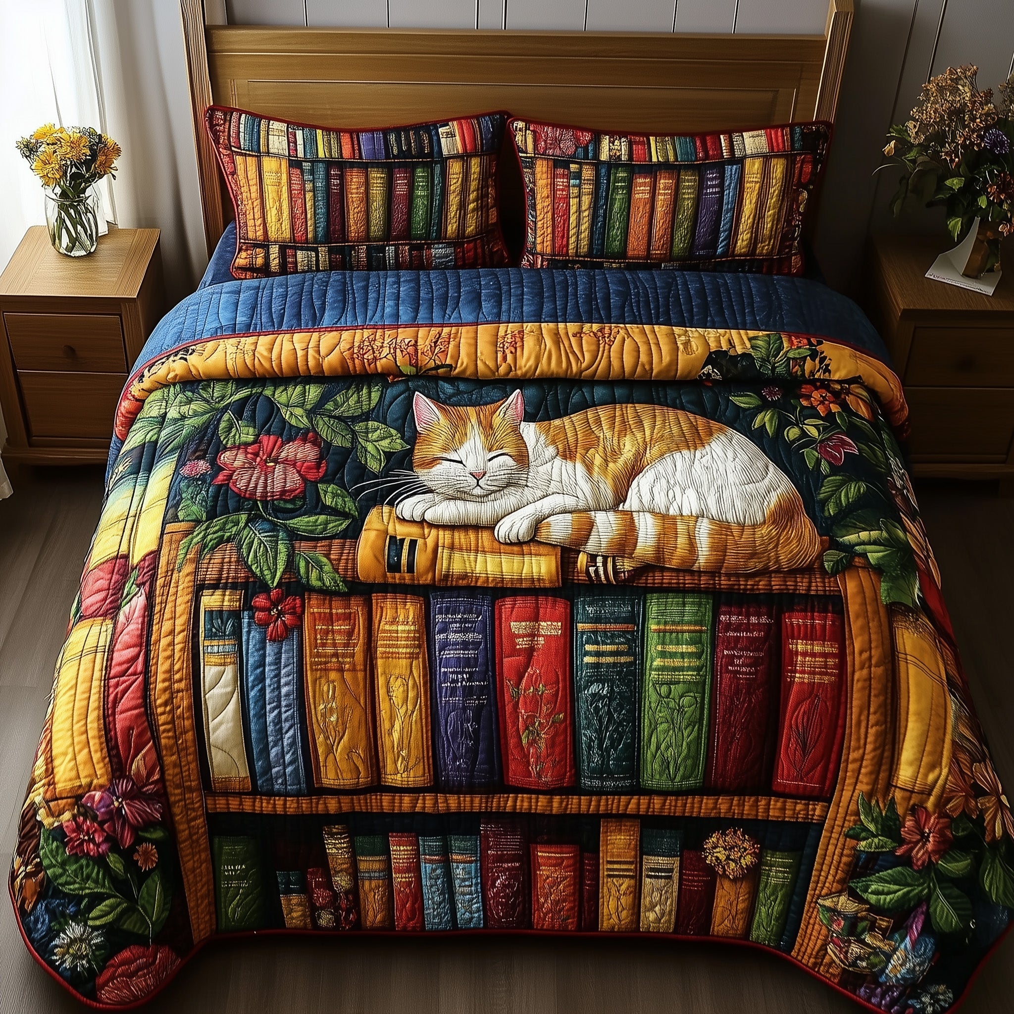 Vintage Cat Bookshelf Quilted Bedding Set Vintage Cat Theme Gift For Vintage Friends - Tradiviet