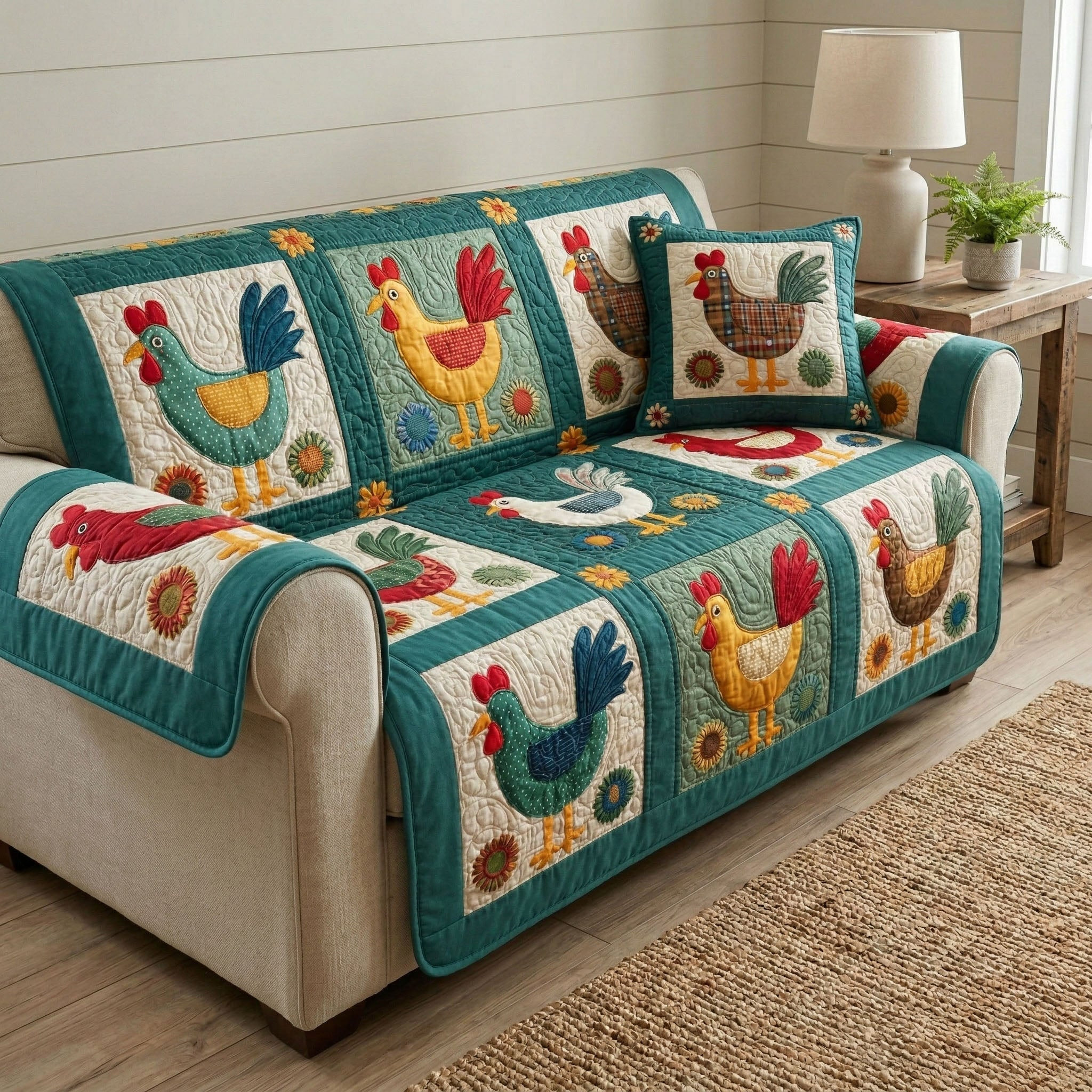 Vintage Farm Quilted Sofa Cover Best Slipcovers Gifts For People Who Love Chickens - Tradiviet