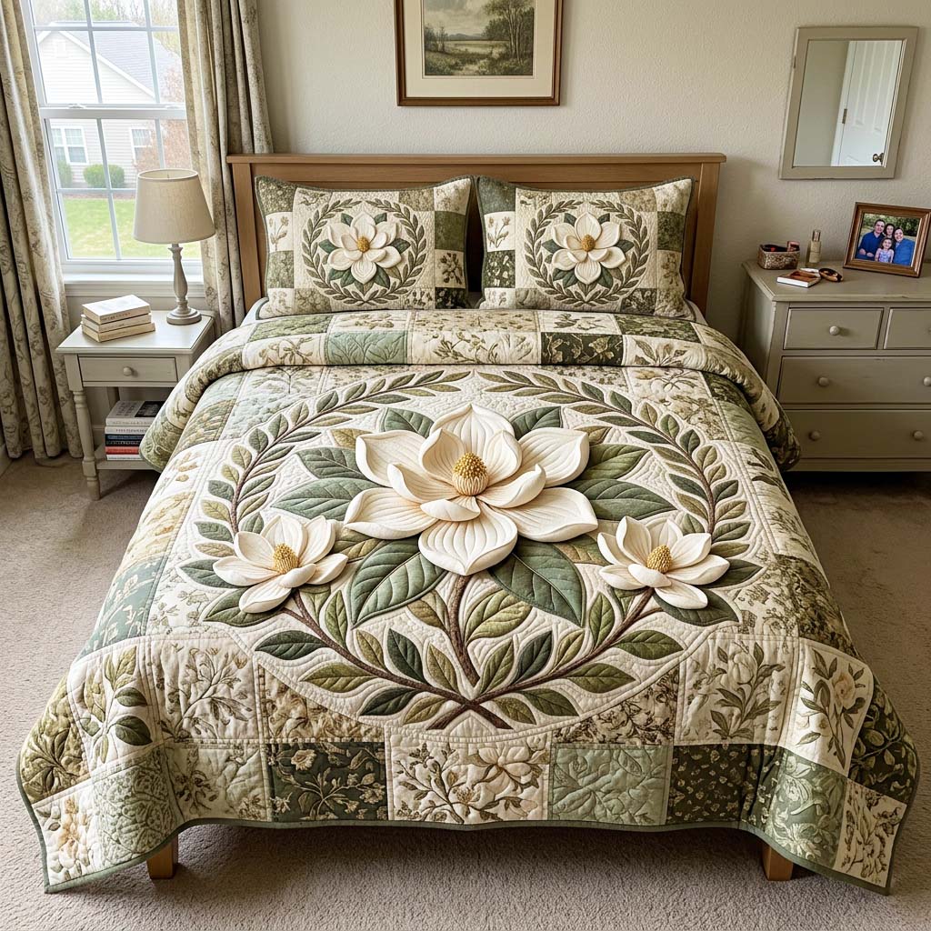 Vintage Magnolia Quilted Bedding Set Vintage Magnolia Moonlight Gift For Vintage Magnolia - Tradiviet