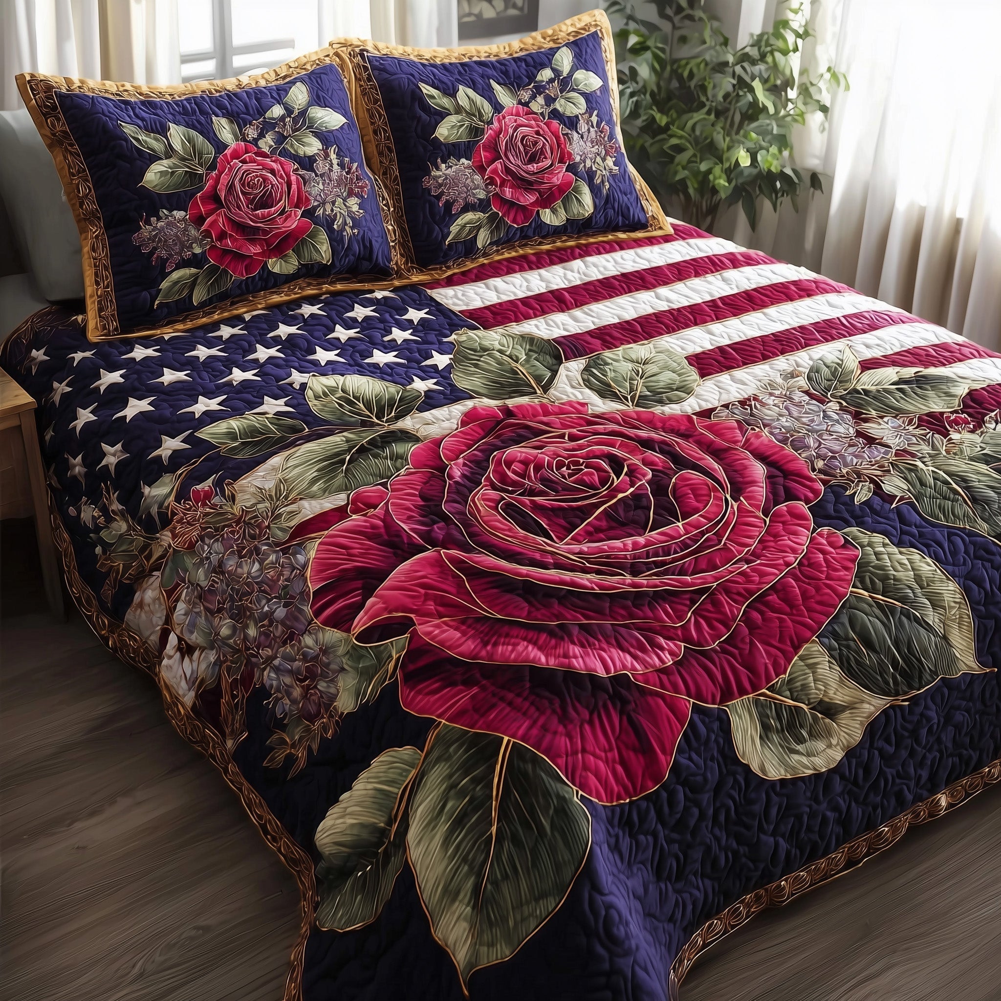 Vintage Patriotic Rose Quilted Bedding Set Vintage Patriotic Honor Gift For Vintage Rose - Tradiviet