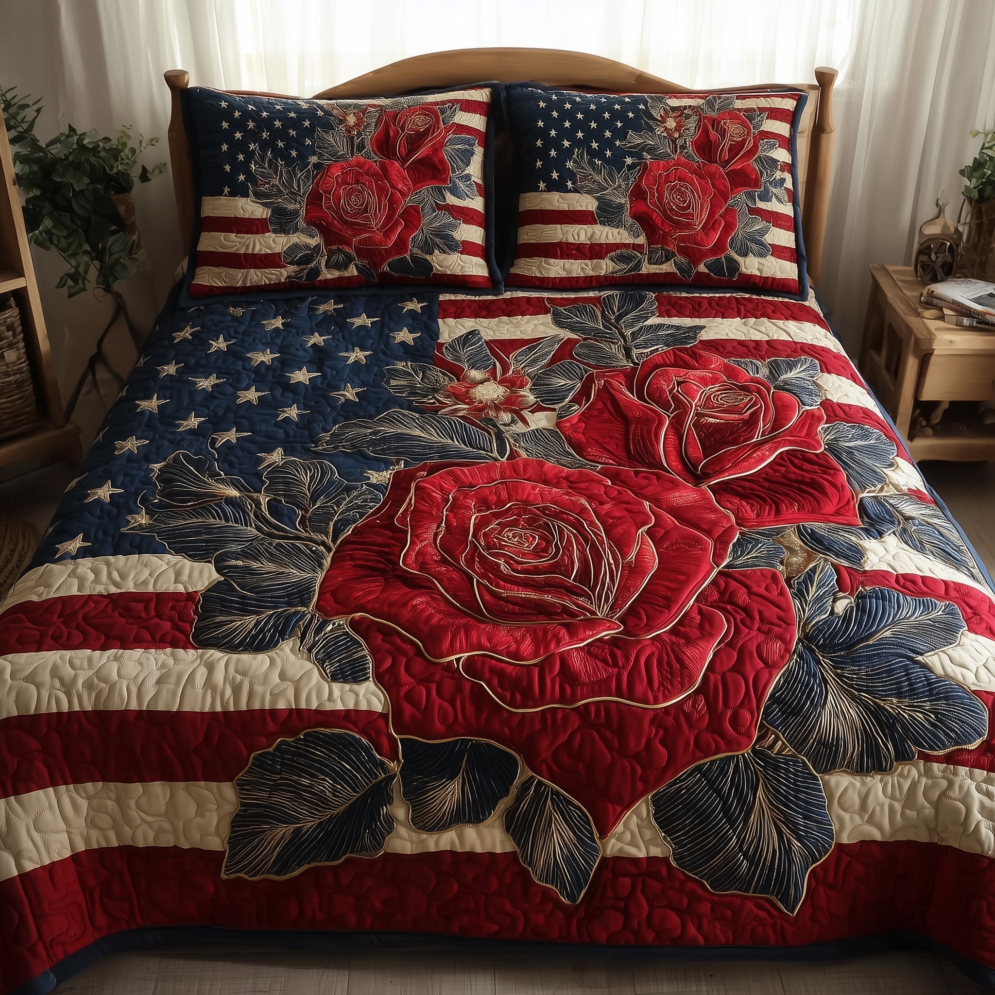 Vintage Patriotic Rose Quilted Bedding Set Vintage Patriotic Houseware Gift For Vintage Patriotic - Tradiviet