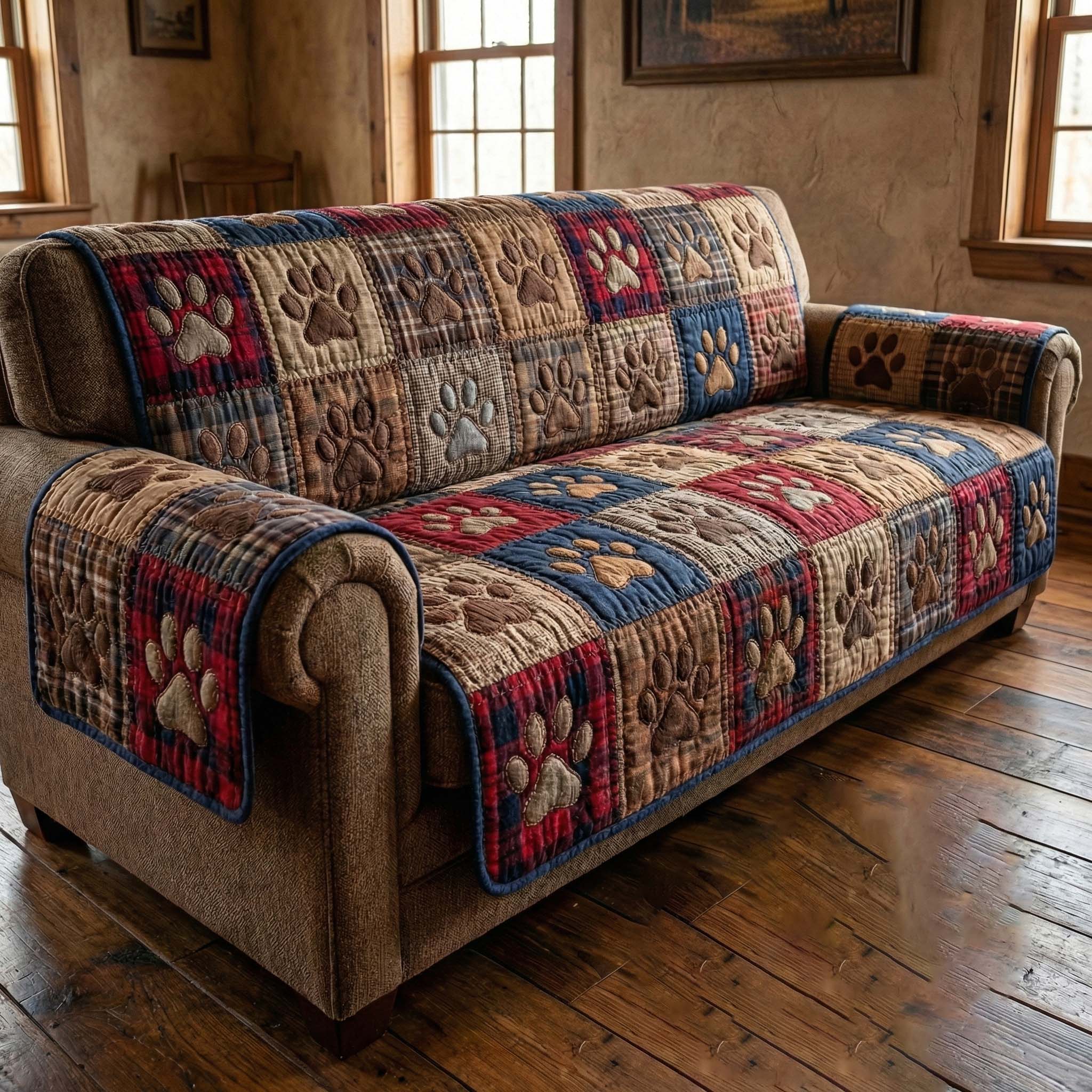 Vintage Paws Quilted Sofa Cover Pet Home Couch Cover Gift For Paw Lover - Tradiviet