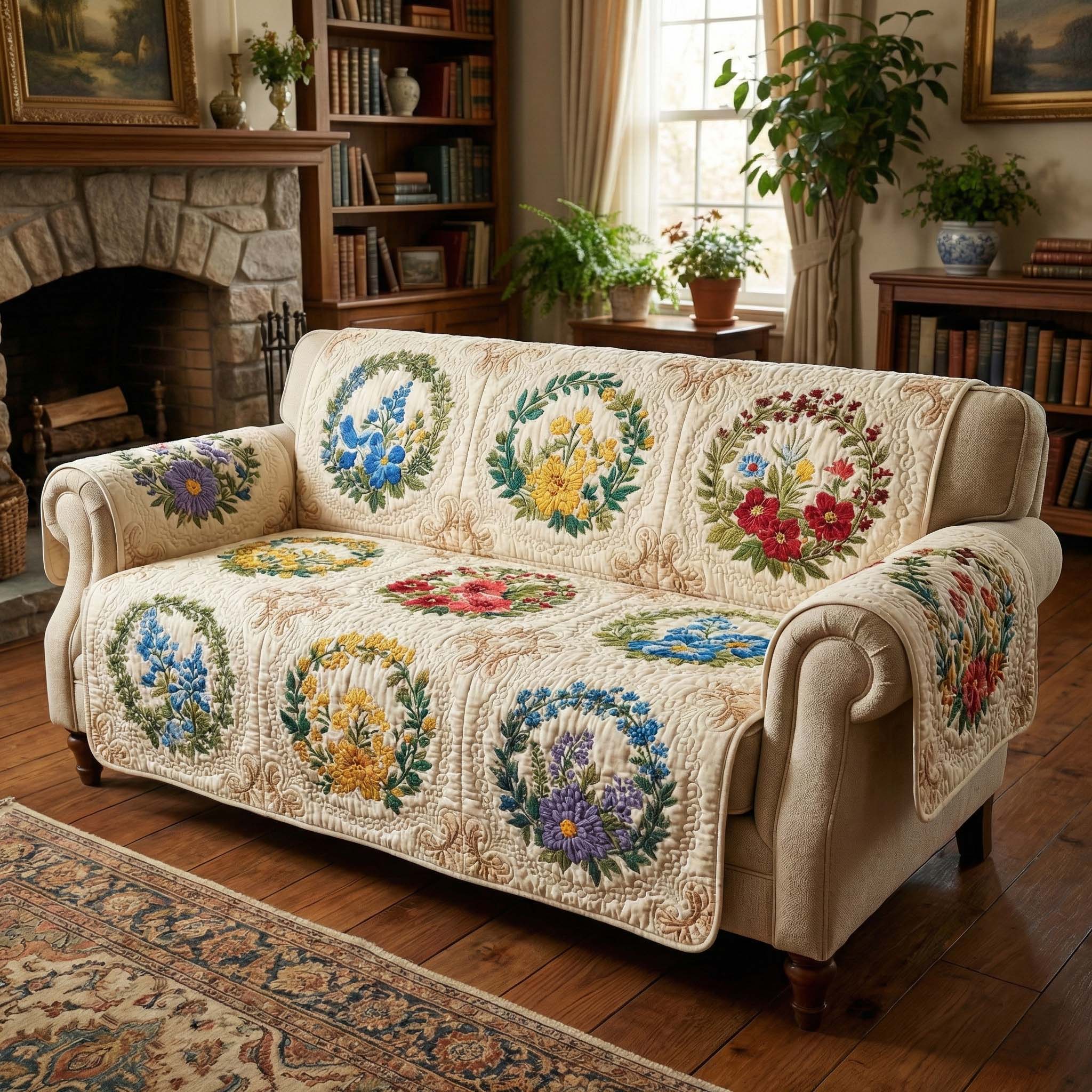 Vintage Wreath Bloom Quilted Sofa Cover Christmas Home Couch Cover Present For Home Lovers - Tradiviet