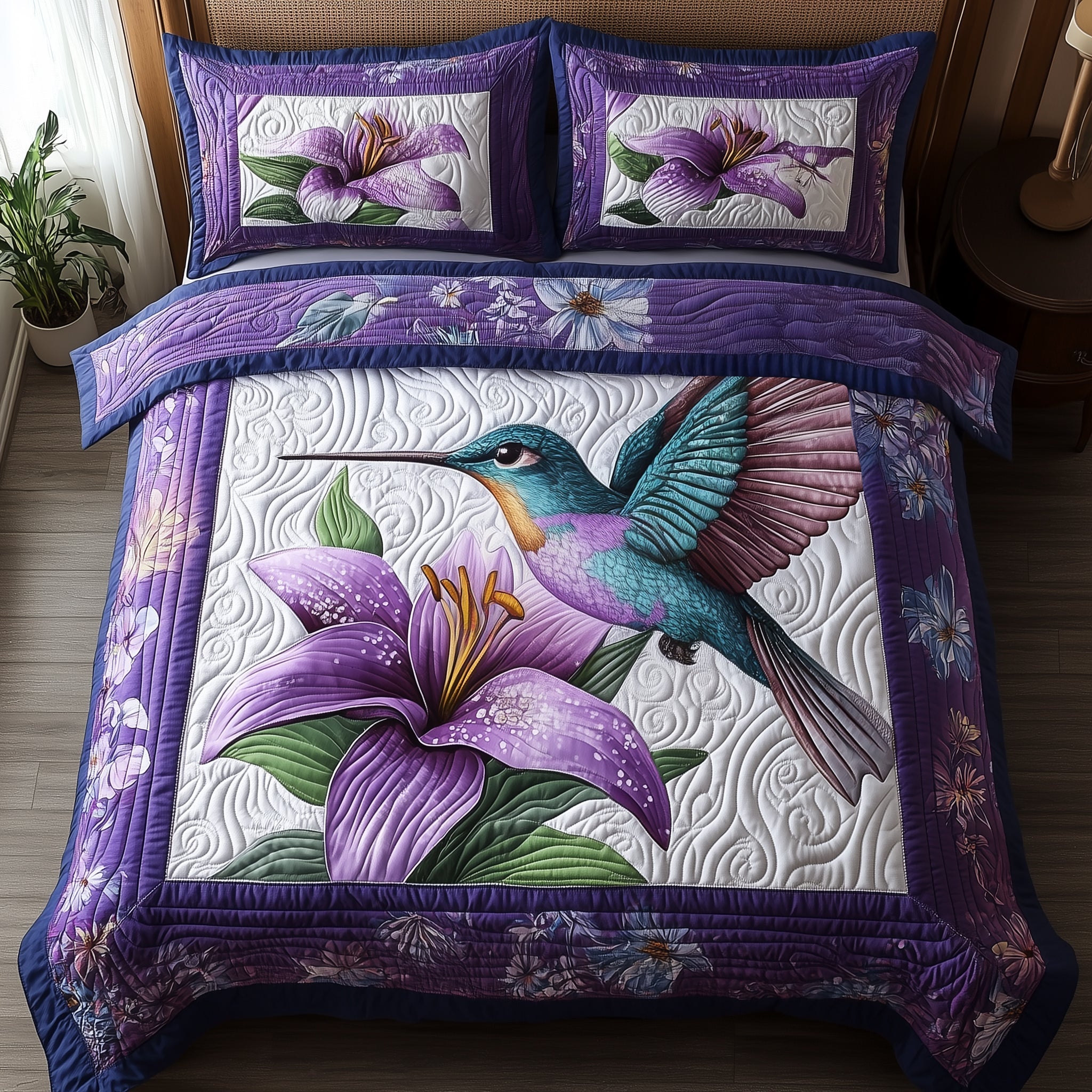Violet Hummingbird Quilted Bedding Set Violet Hummingbird Landscape Best Bird Watcher Gifts - Tradiviet