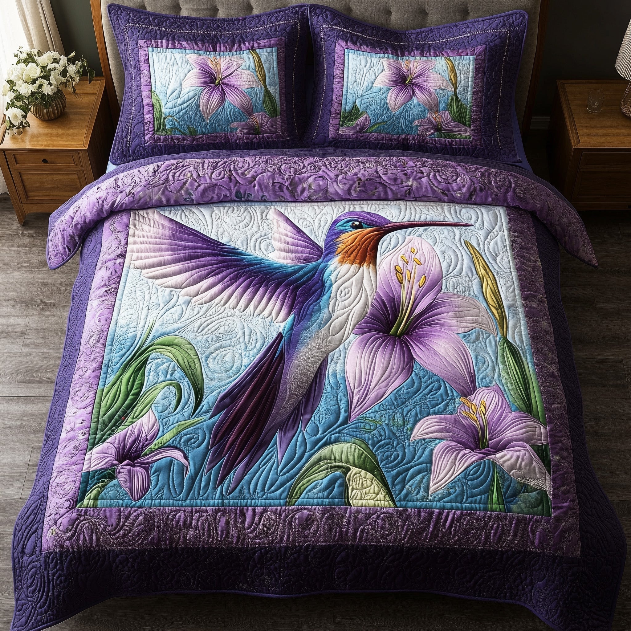 Violet Hummingbird Quilted Bedding Set Violet Hummingbird Tapestry Gifts For Nature Lovers - Tradiviet