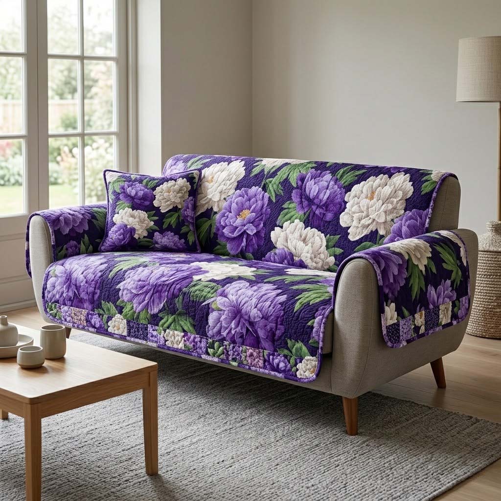 Violet Peony Bloom Quilted Sofa Cover Stylish Home Room Decor Room Gift For Him - Tradiviet
