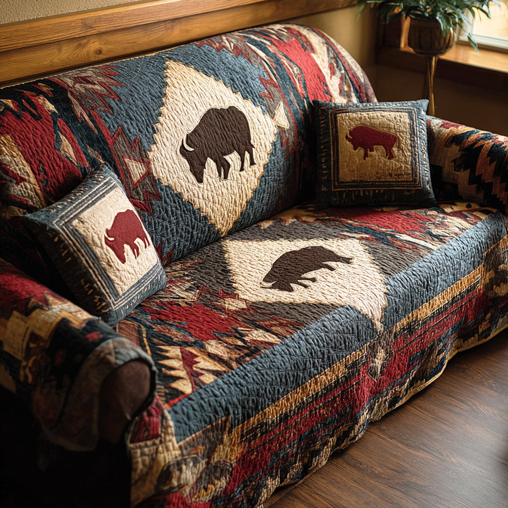 Western Bison Line Quilted Sofa Cover Home Room Decor Gifts For Room Decor - Tradiviet