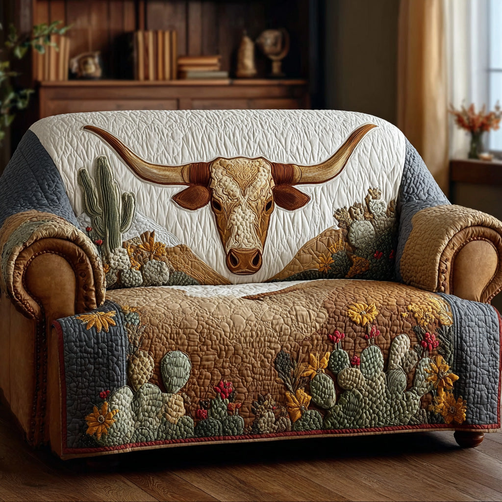 Western Longhorn Majesty Quilted Sofa Cover Unique Room Decor Cozy Housewarming Gift Ideas - Tradiviet