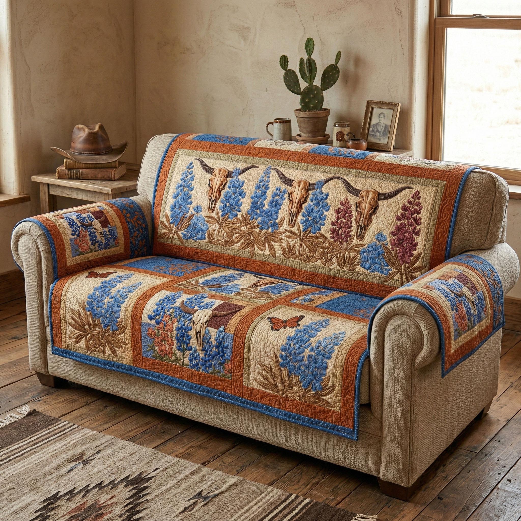 Western Longhorn Quilted Sofa Cover Table Room Decor Best Room Decor Gifts - Tradiviet