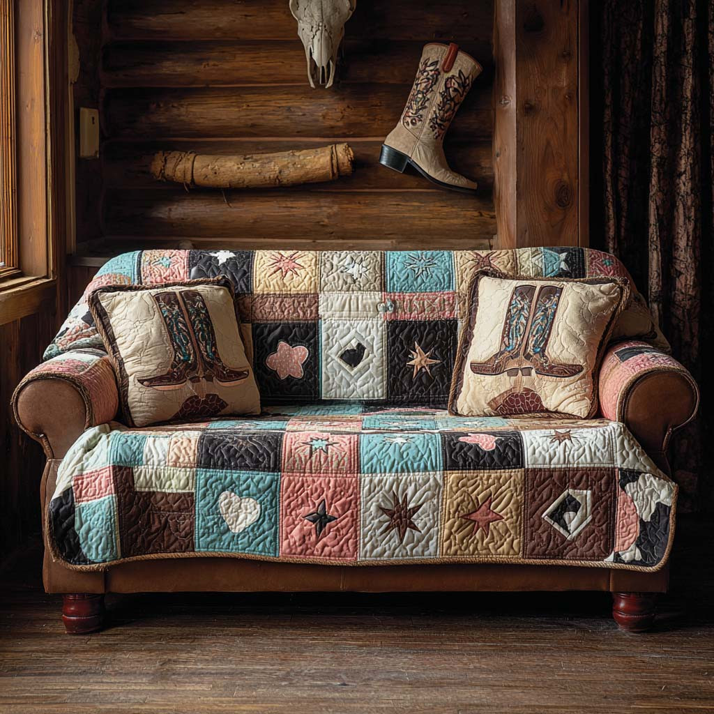 Western Patchwork Mix Quilted Sofa Cover Best Sofa Covers Gifts For Cowboy Husband - Tradiviet