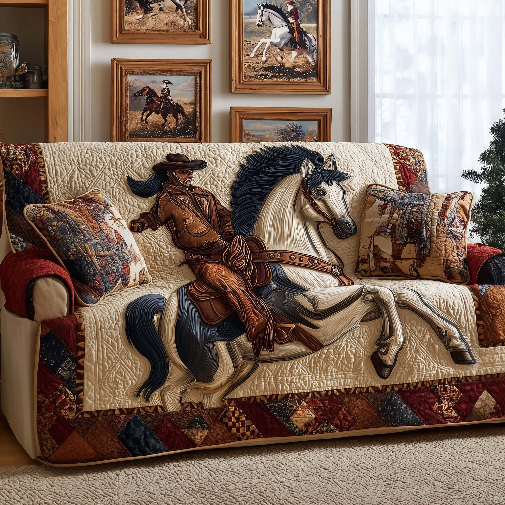 Western Rider Quilted Sofa Cover Western Home Couch Cover Unique Housewarming Gift Ideas - Tradiviet