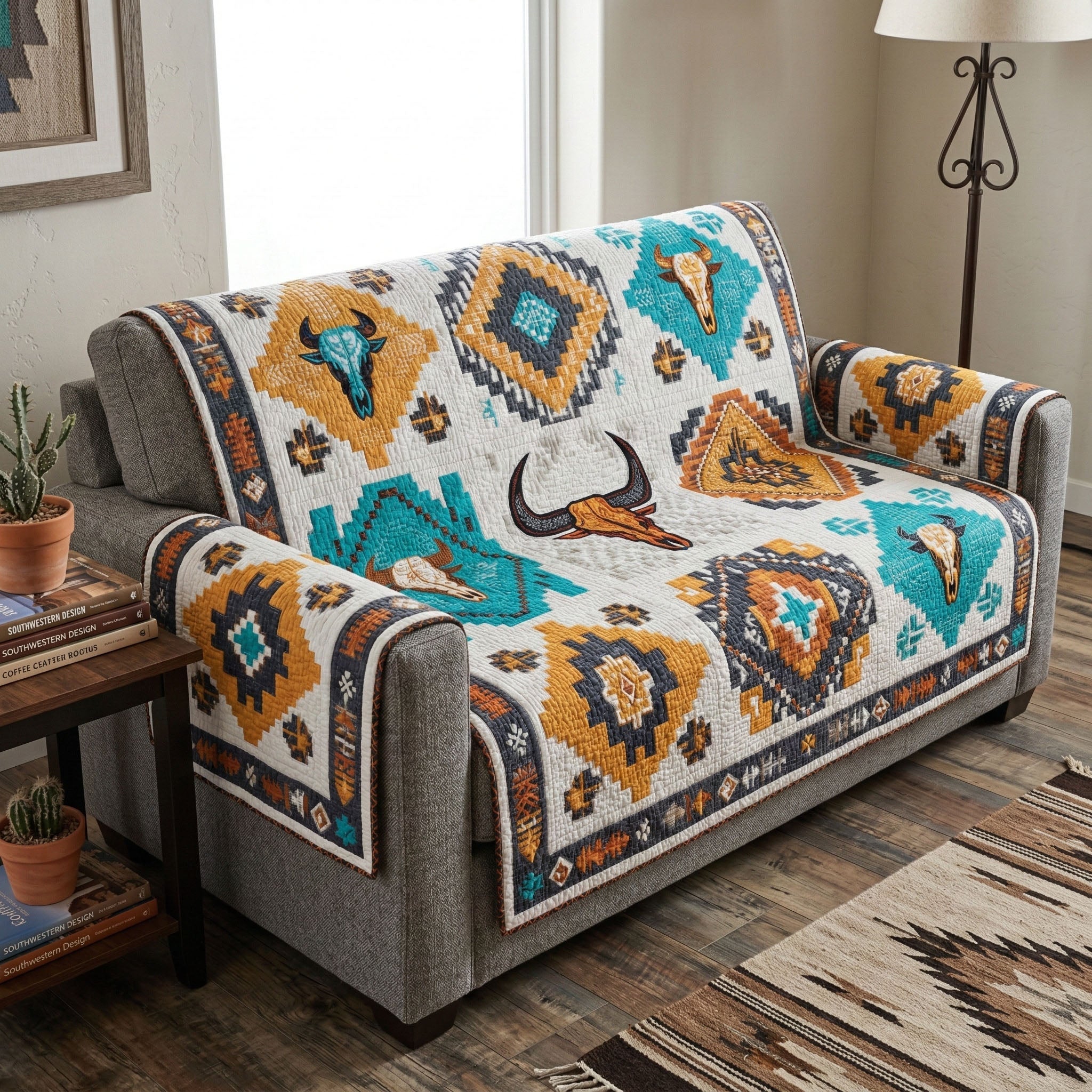 Western Skull Quilted Sofa Cover Boho Home Room Decor Unique Housewarming Gift Ideas - Tradiviet