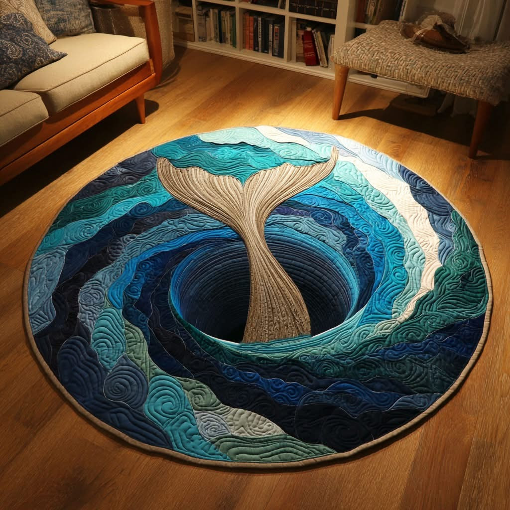Whale Mermaid Tail Blue Whirlpool Quilted Round Mat 3D Whale Tail Ocean Vortex Circle Rug - Tradiviet