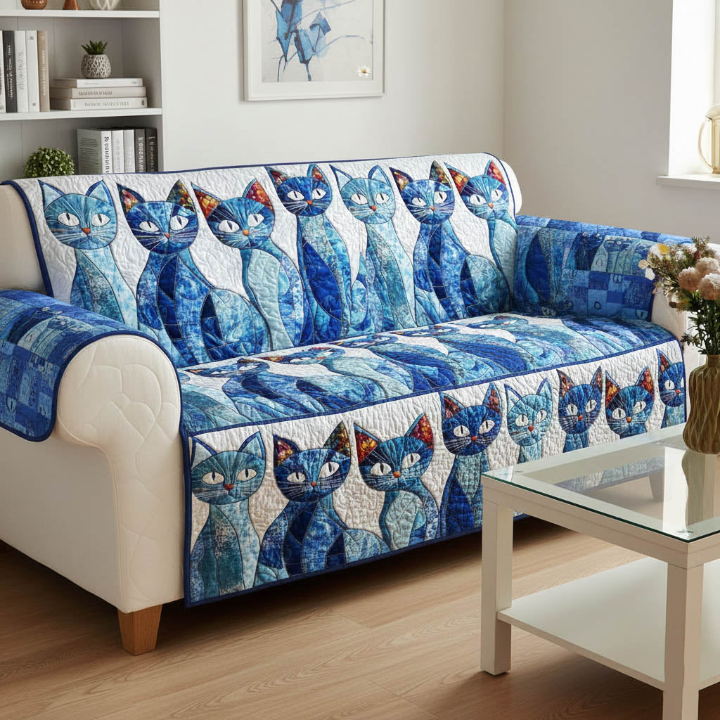 Whimsical Cat Quilted Sofa Cover Cat Home Couch Cover Gift For House Lover - Tradiviet