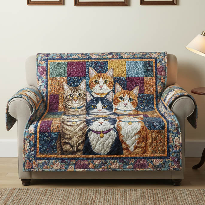Whimsical Cat Quilted Sofa Cover Cat Home Couch Cover Unique Home Decor Gifts - Tradiviet