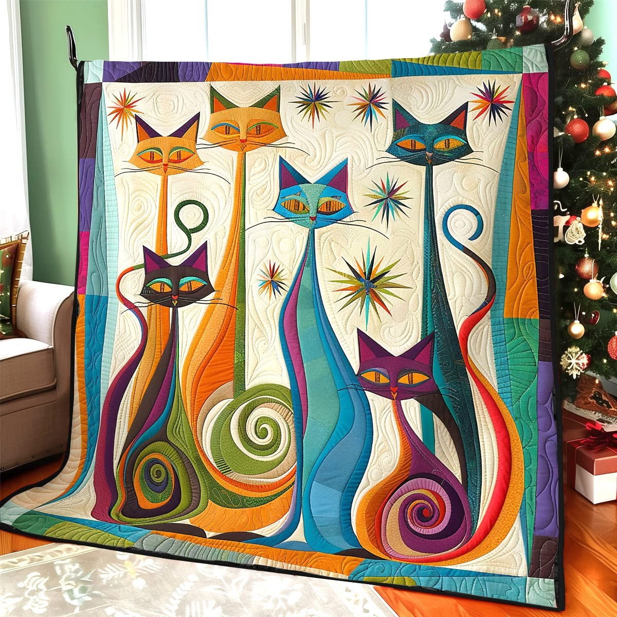 Whimsical Cats Quilt Blanket Colorful Funny Themed Christmas Gifts For Cat Lovers - Tradiviet