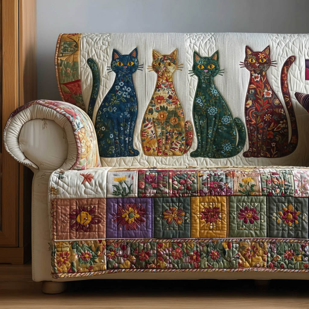 Whimsical Cats Quilted Sofa Cover Cat Home Couch Cover Gift For Living Room - Tradiviet
