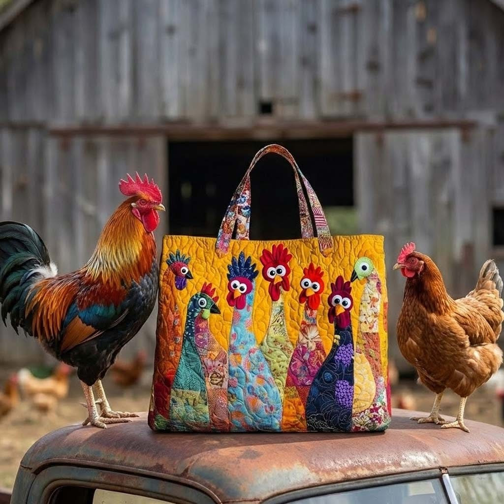 Whimsical Chicken Family Quilted Tote Bag Animal Themed Bag Gifts For Chicken Lovers - Tradiviet