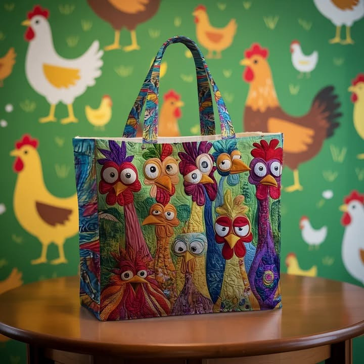 Whimsical Chicken Family Quilted Tote Bag Funny Animal Bag Gifts For Chicken Lovers - Tradiviet