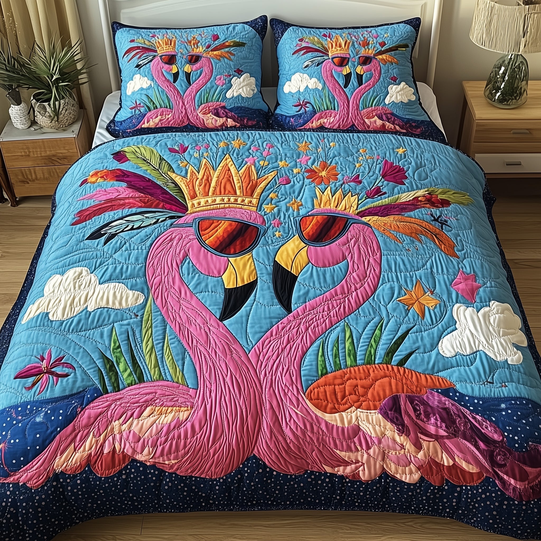 Whimsical Flamingo Quilted Bedding Set Whimsical Flamingo Composition Gift For Home - Tradiviet