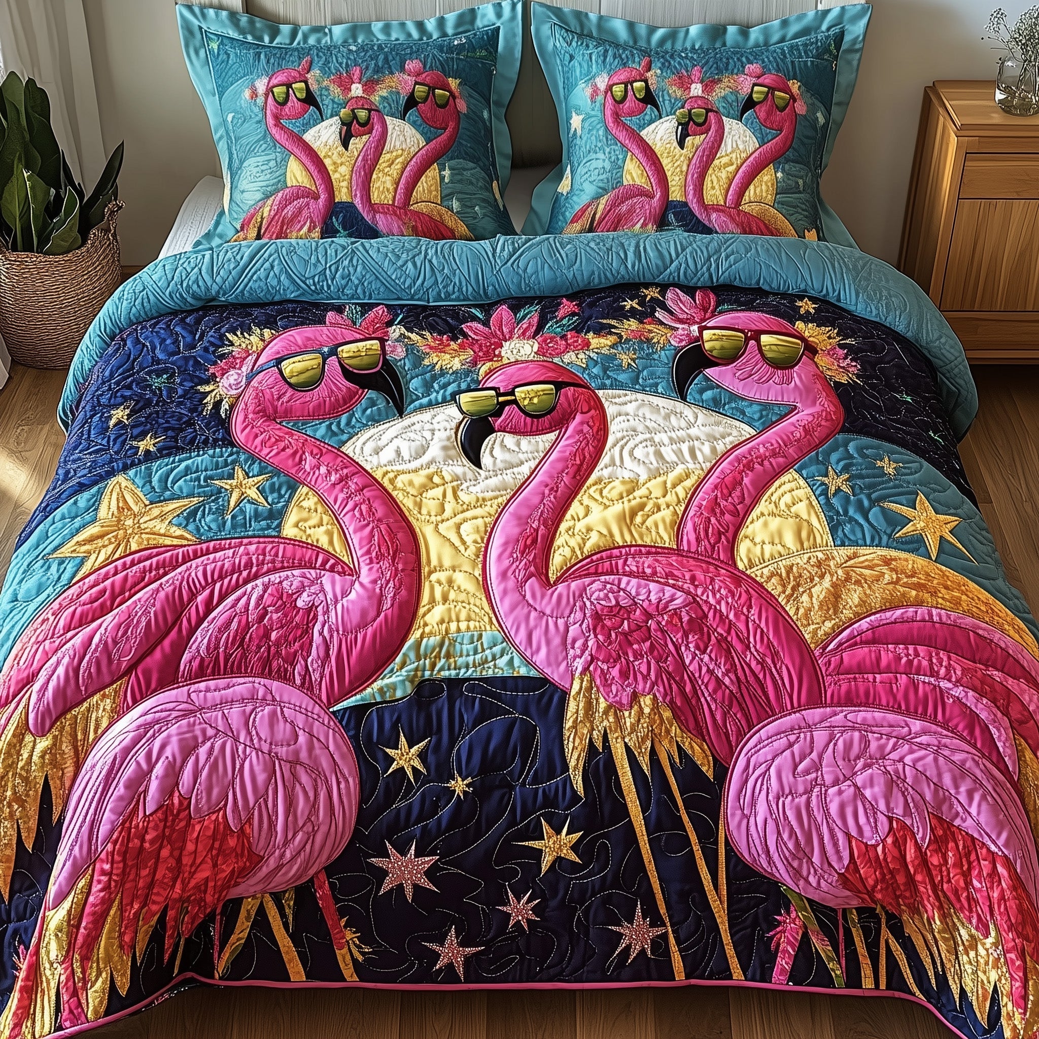 Whimsical Flamingo Quilted Bedding Set Whimsical Flamingo Lounge Gift For Flamingo - Tradiviet