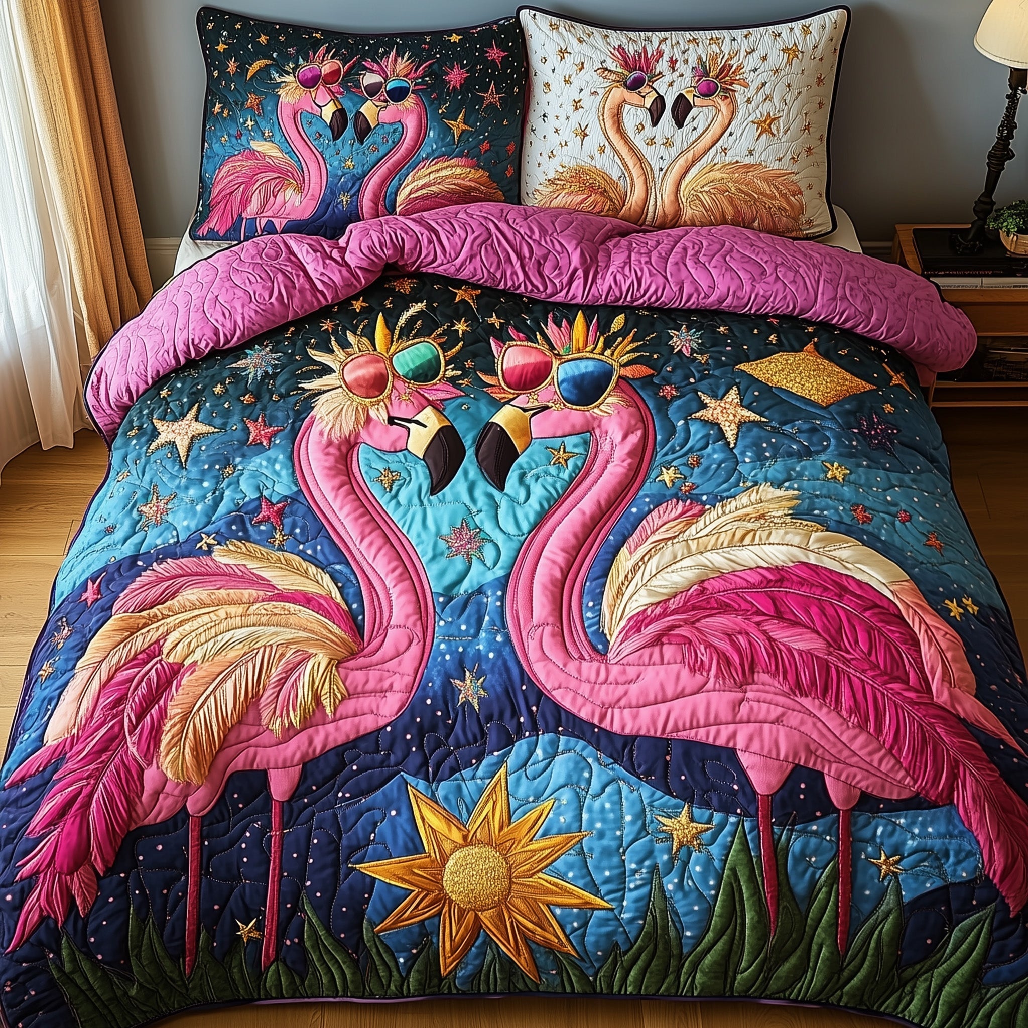 Whimsical Flamingo Quilted Bedding Set Whimsical Flamingo Stitch Gift For Flamingo Lovers - Tradiviet